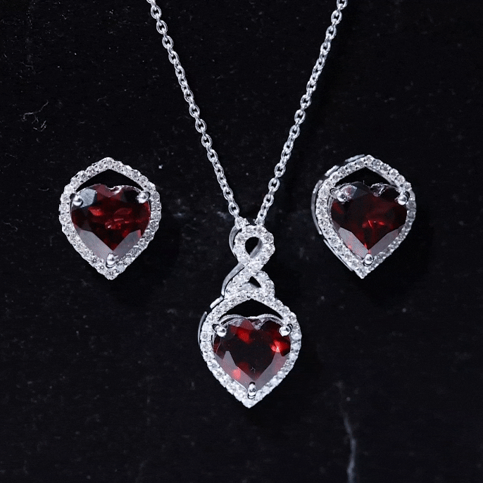 Real Garnet and Diamond Infinity Heart Jewelry Set