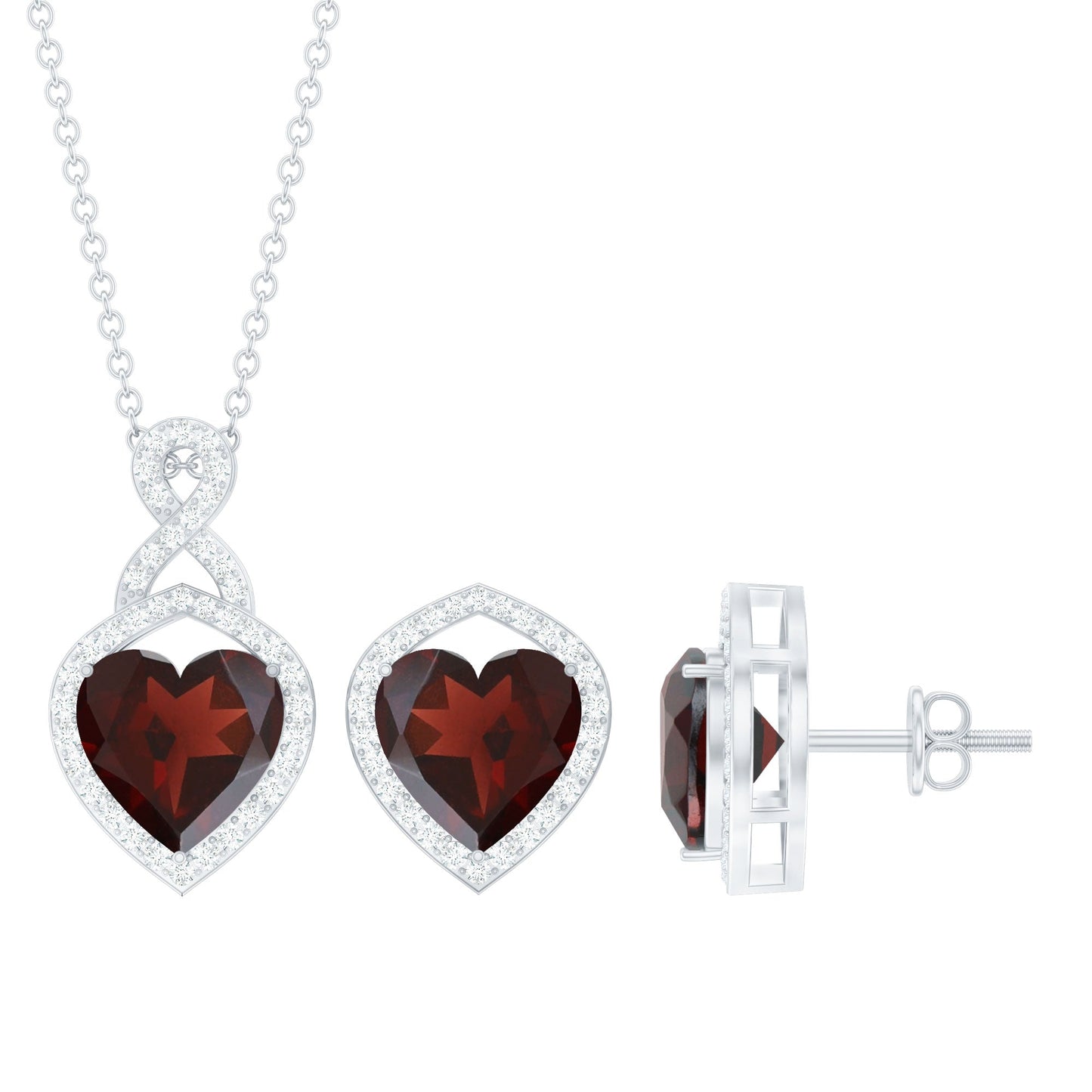 Real Garnet and Diamond Infinity Heart Jewelry Set