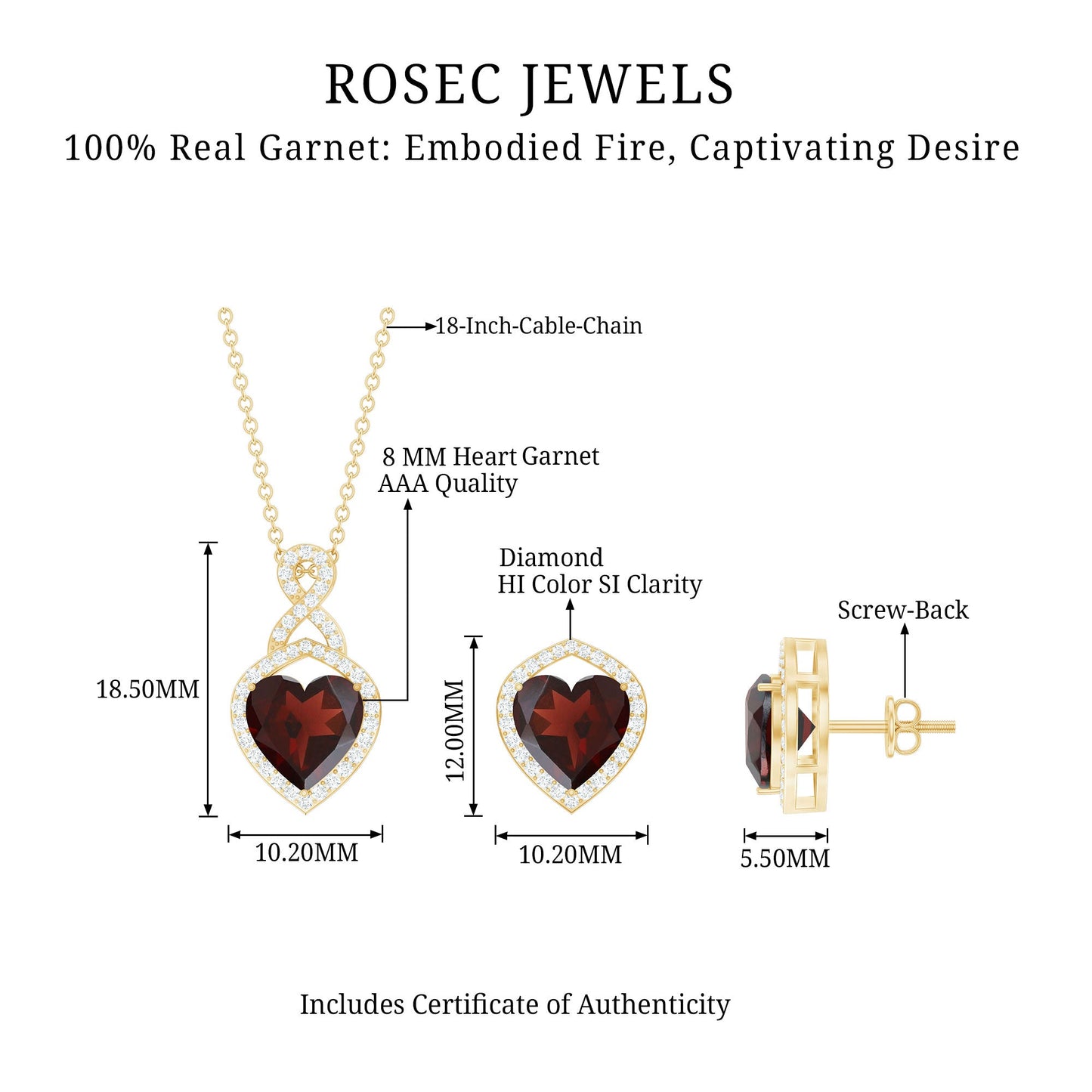 Real Garnet and Diamond Infinity Heart Jewelry Set
