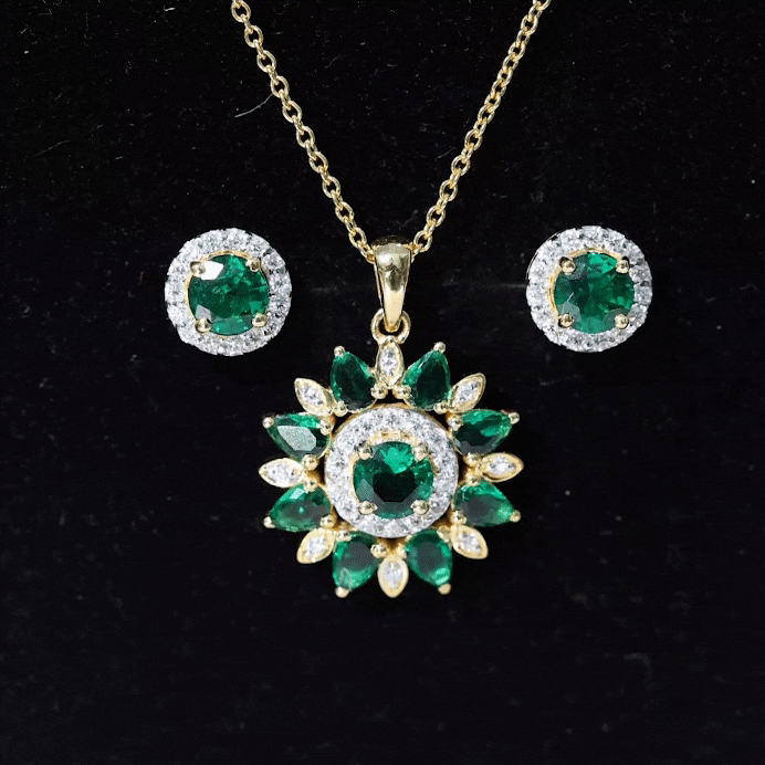 Certified Lab Created Emerald and Diamond Flower Jewelry Set
