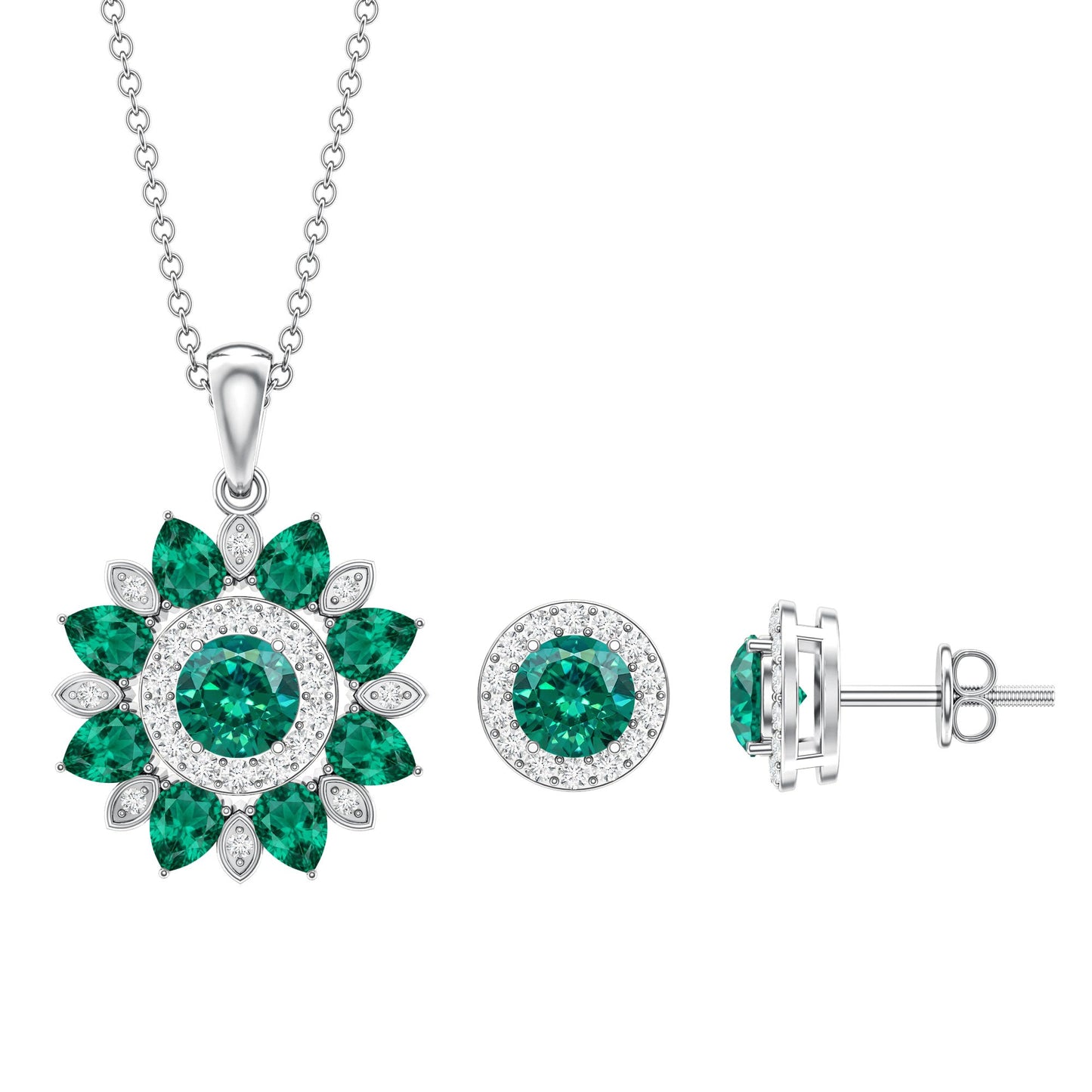 Certified Lab Created Emerald and Diamond Flower Jewelry Set