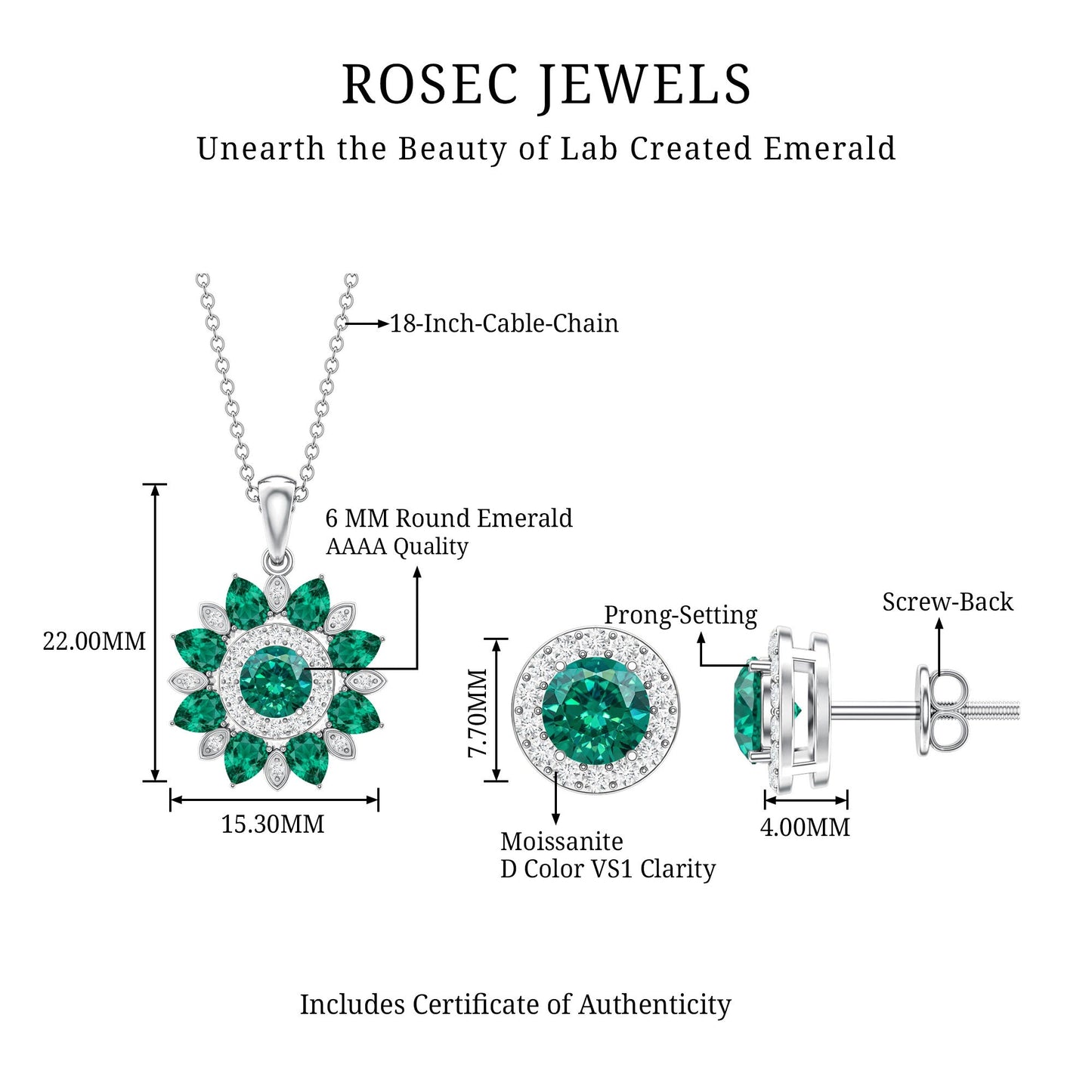 Certified Lab Created Emerald and Diamond Flower Jewelry Set