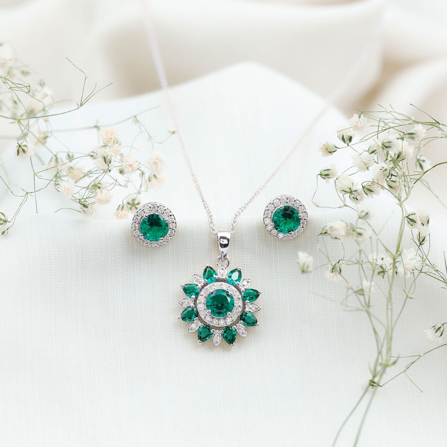 Certified Lab Created Emerald and Diamond Flower Jewelry Set