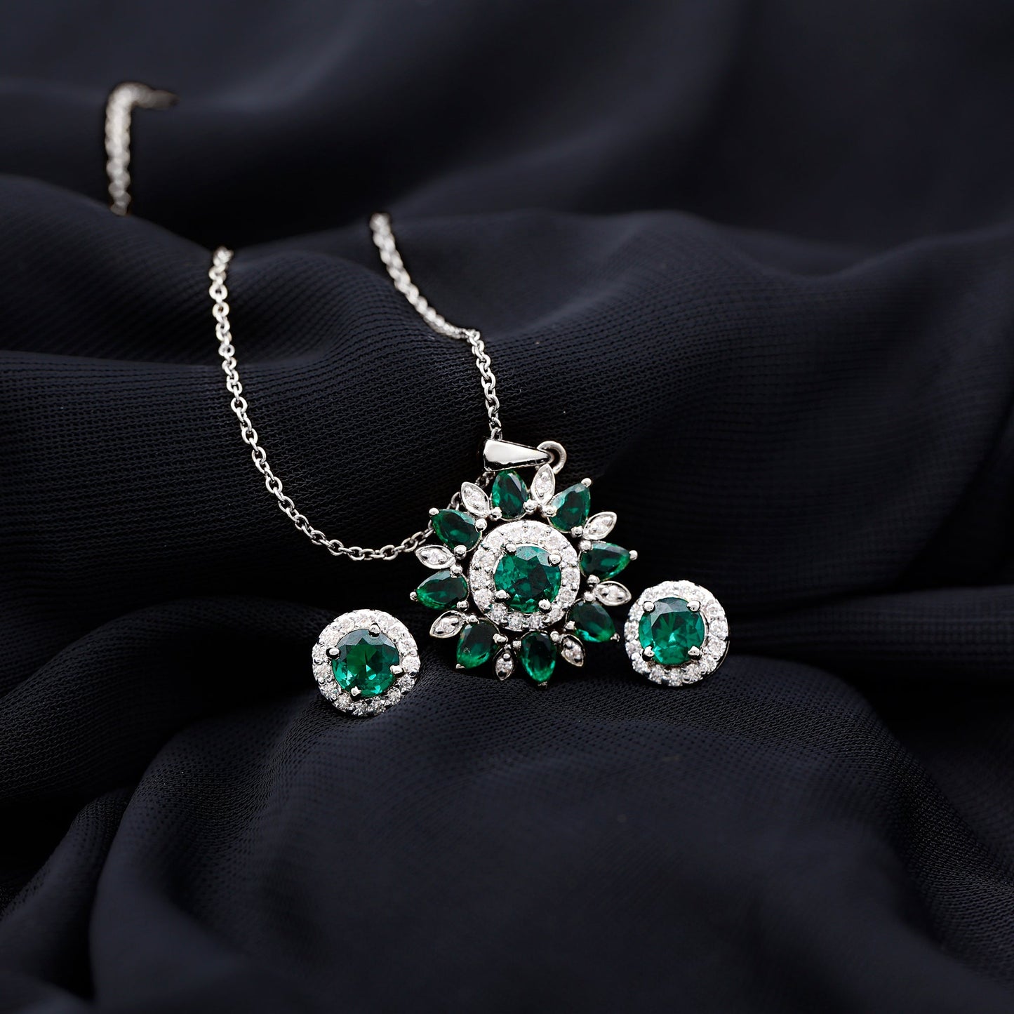 Certified Lab Created Emerald and Diamond Flower Jewelry Set