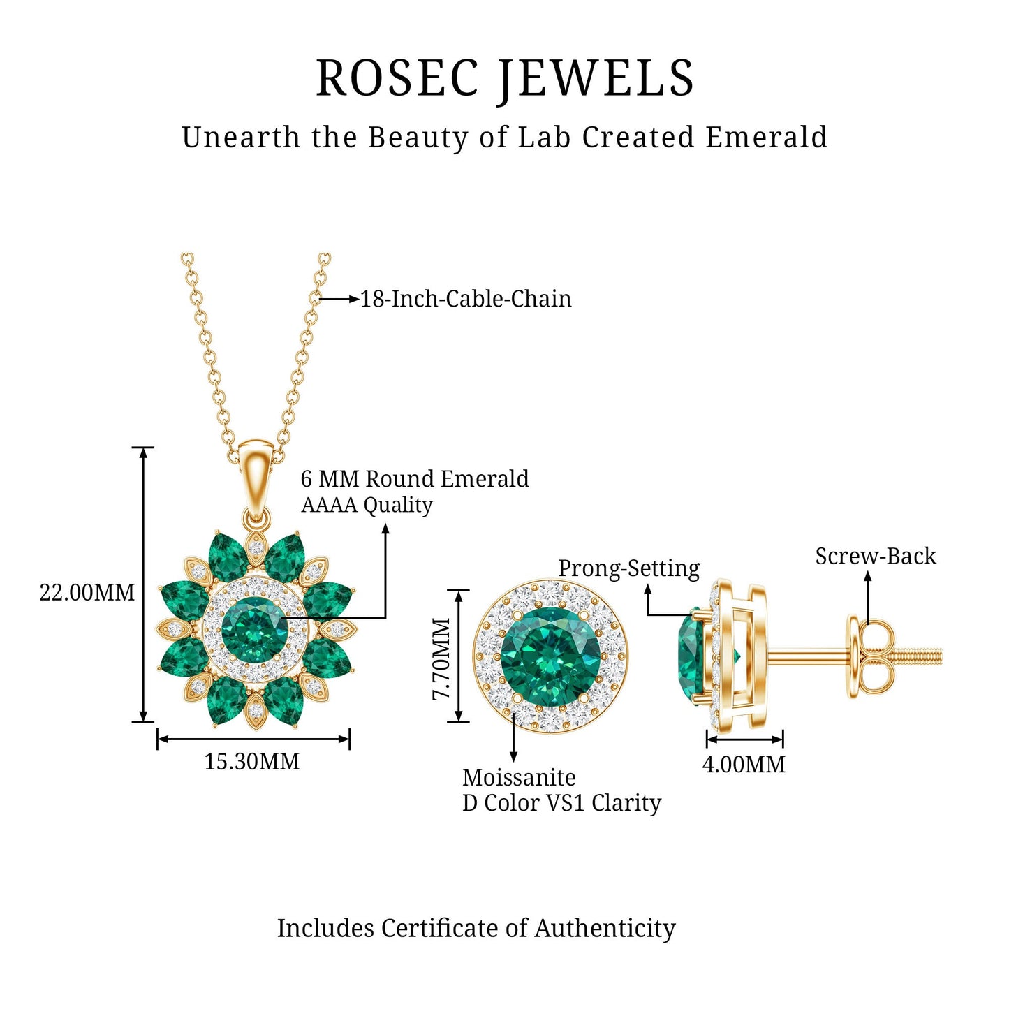 Certified Lab Created Emerald and Diamond Flower Jewelry Set