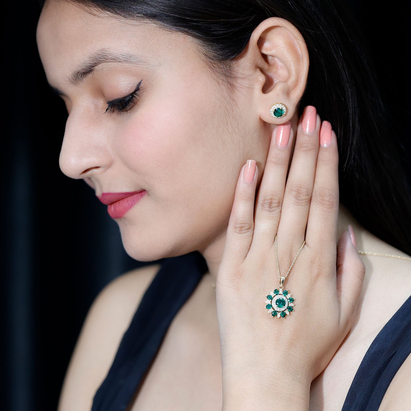 Certified Lab Created Emerald and Diamond Flower Jewelry Set