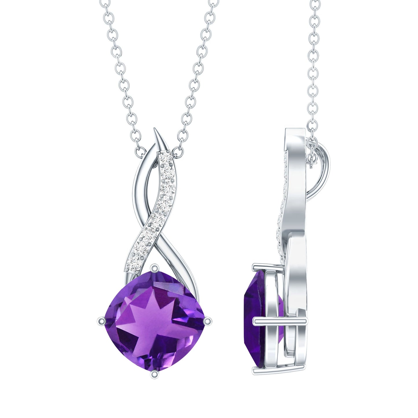 Natural 2 Carat Cushion Cut Amethyst Infinity Necklace with Diamond