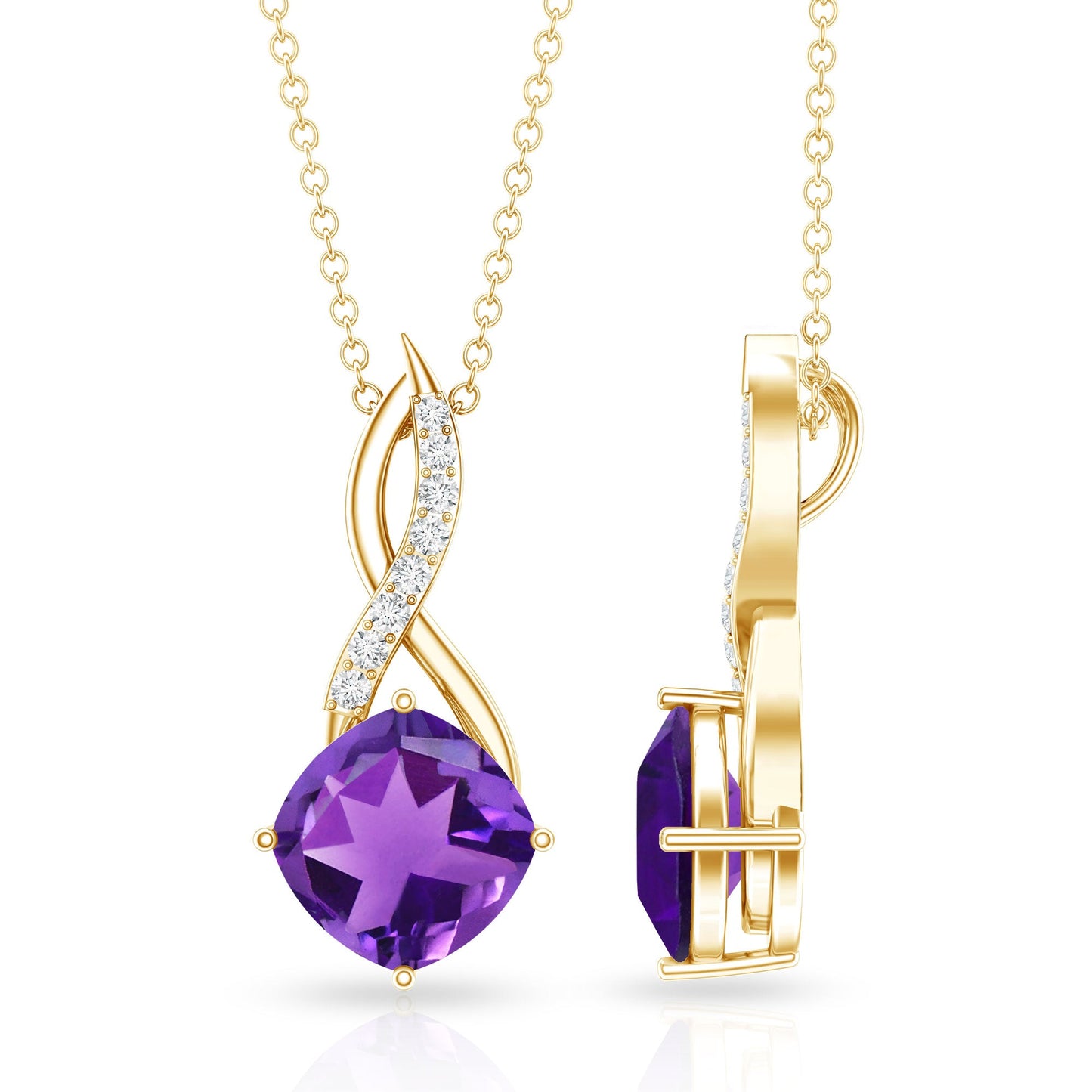 Natural 2 Carat Cushion Cut Amethyst Infinity Necklace with Diamond