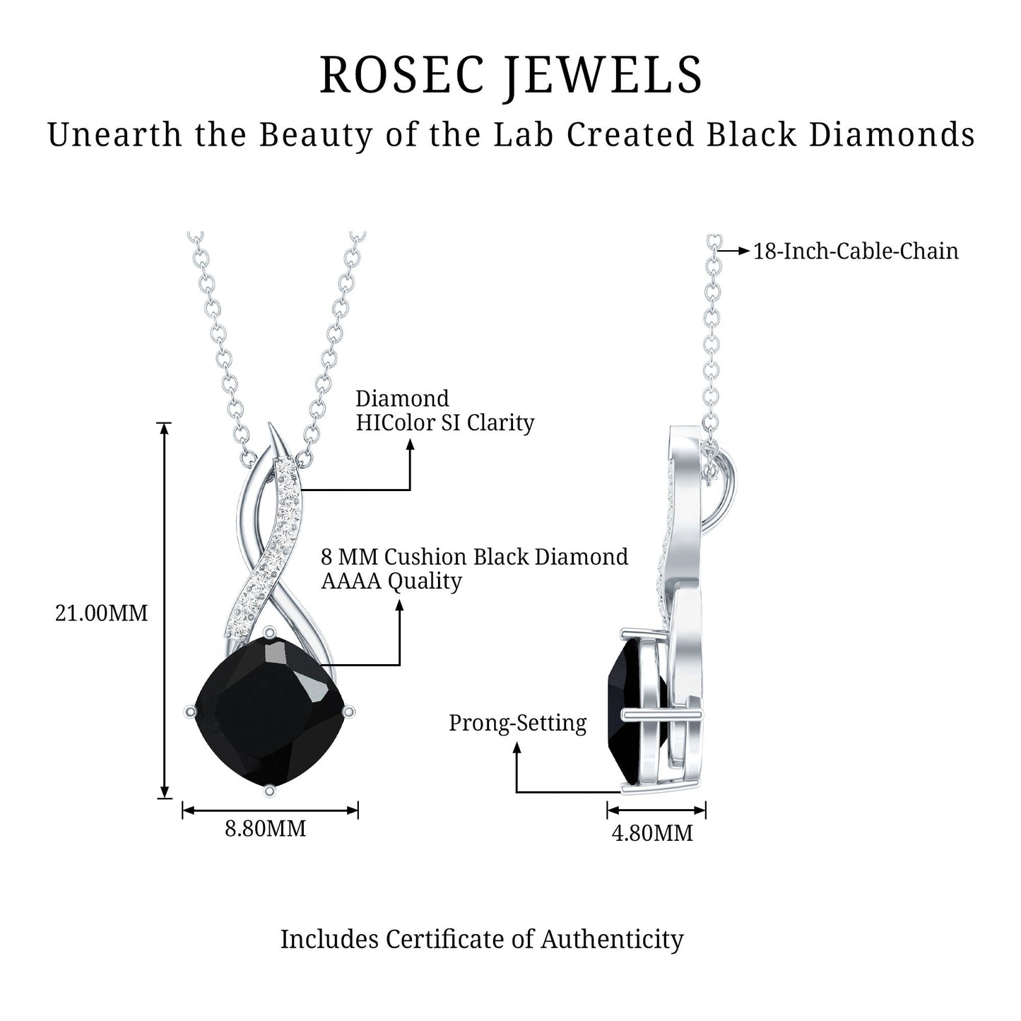 2.83 Carat Cushion Lab Grown Black Diamond Infinity Necklace