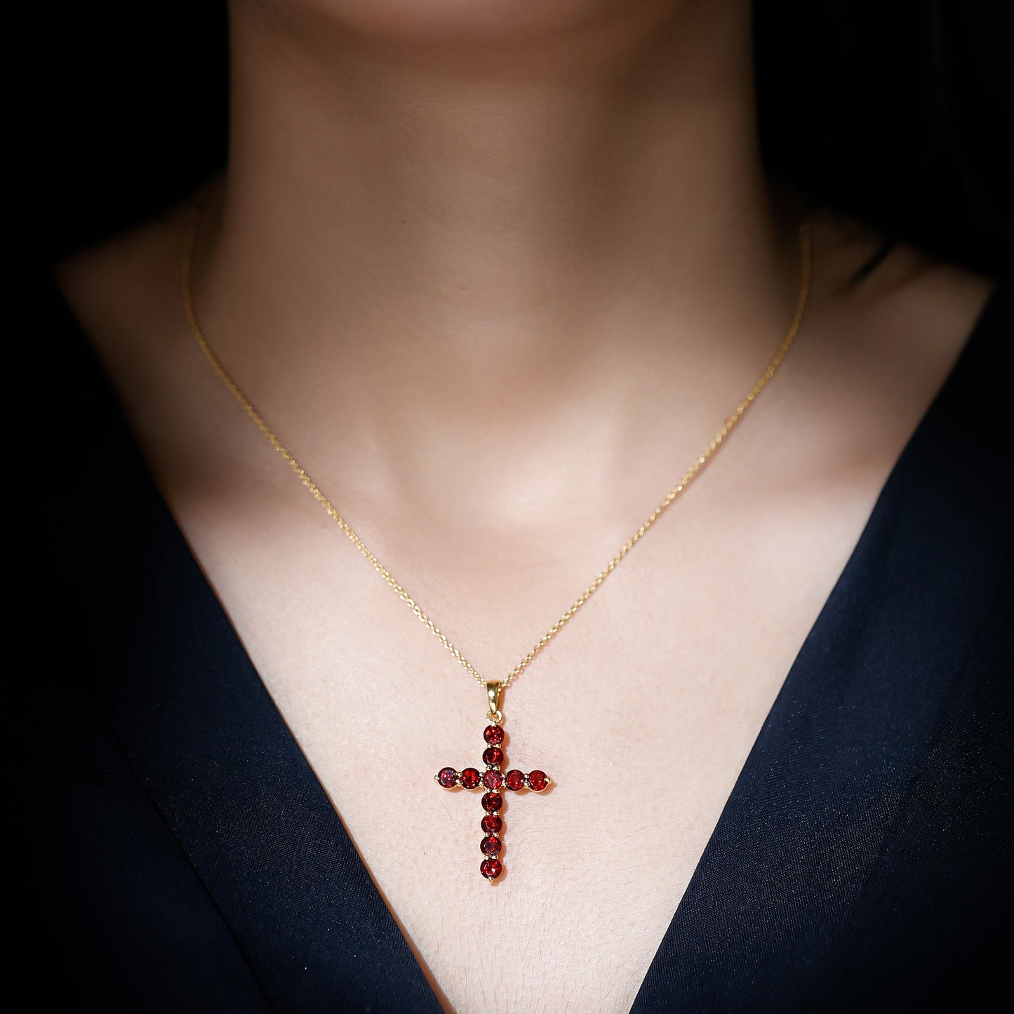 Genuine Garnet Cross Pendant Necklace