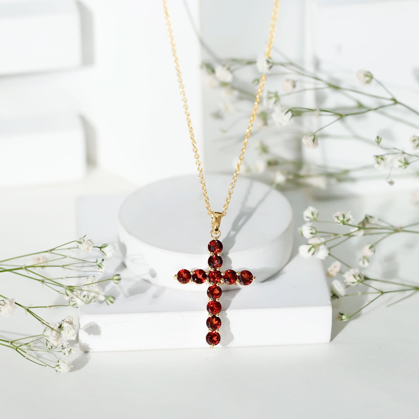 Genuine Garnet Cross Pendant Necklace