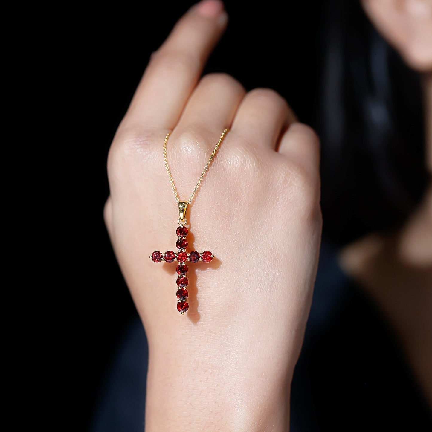 Genuine Garnet Cross Pendant Necklace