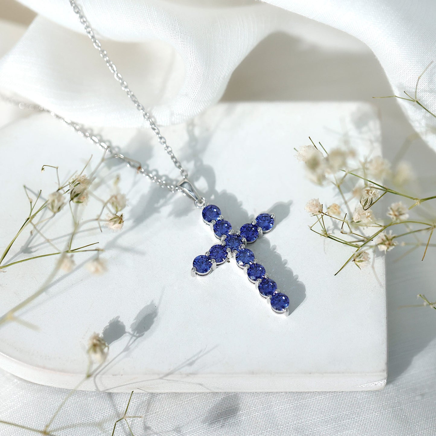 Simple Created Blue Sapphire Cross Pendant Necklace