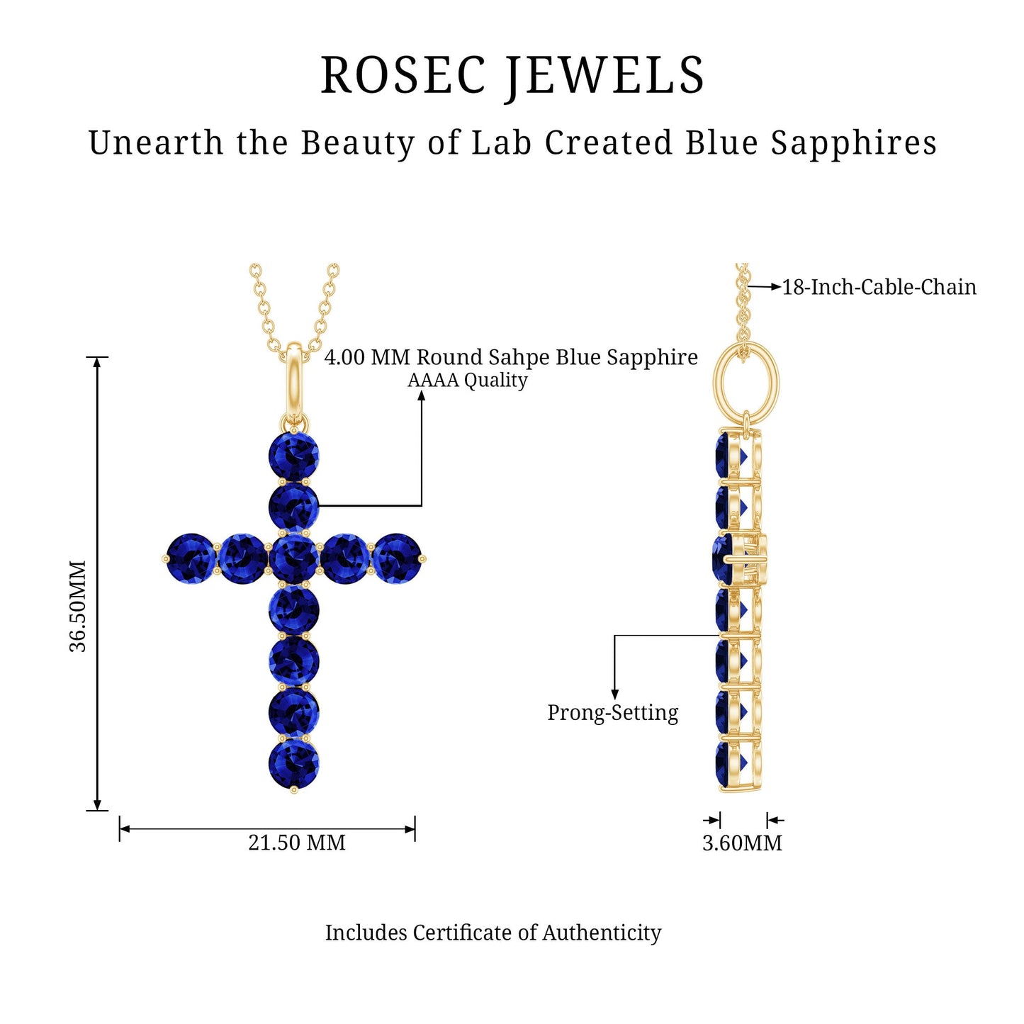Simple Created Blue Sapphire Cross Pendant Necklace