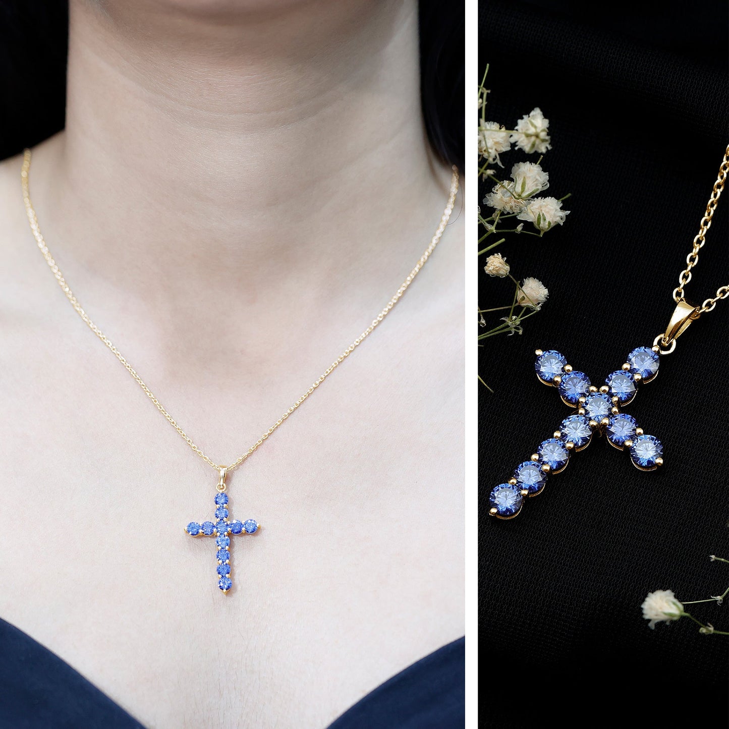 Simple Created Blue Sapphire Cross Pendant Necklace