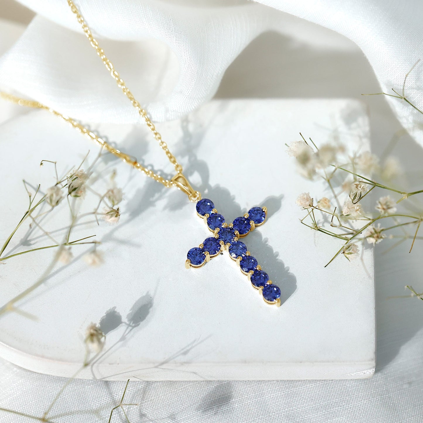 Simple Created Blue Sapphire Cross Pendant Necklace