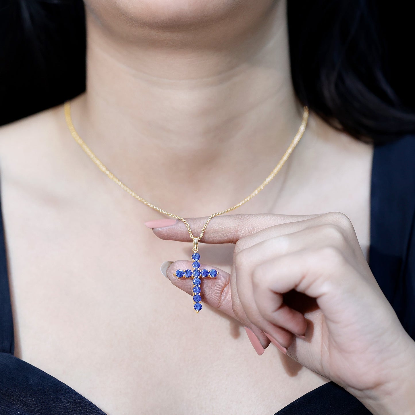 Simple Created Blue Sapphire Cross Pendant Necklace