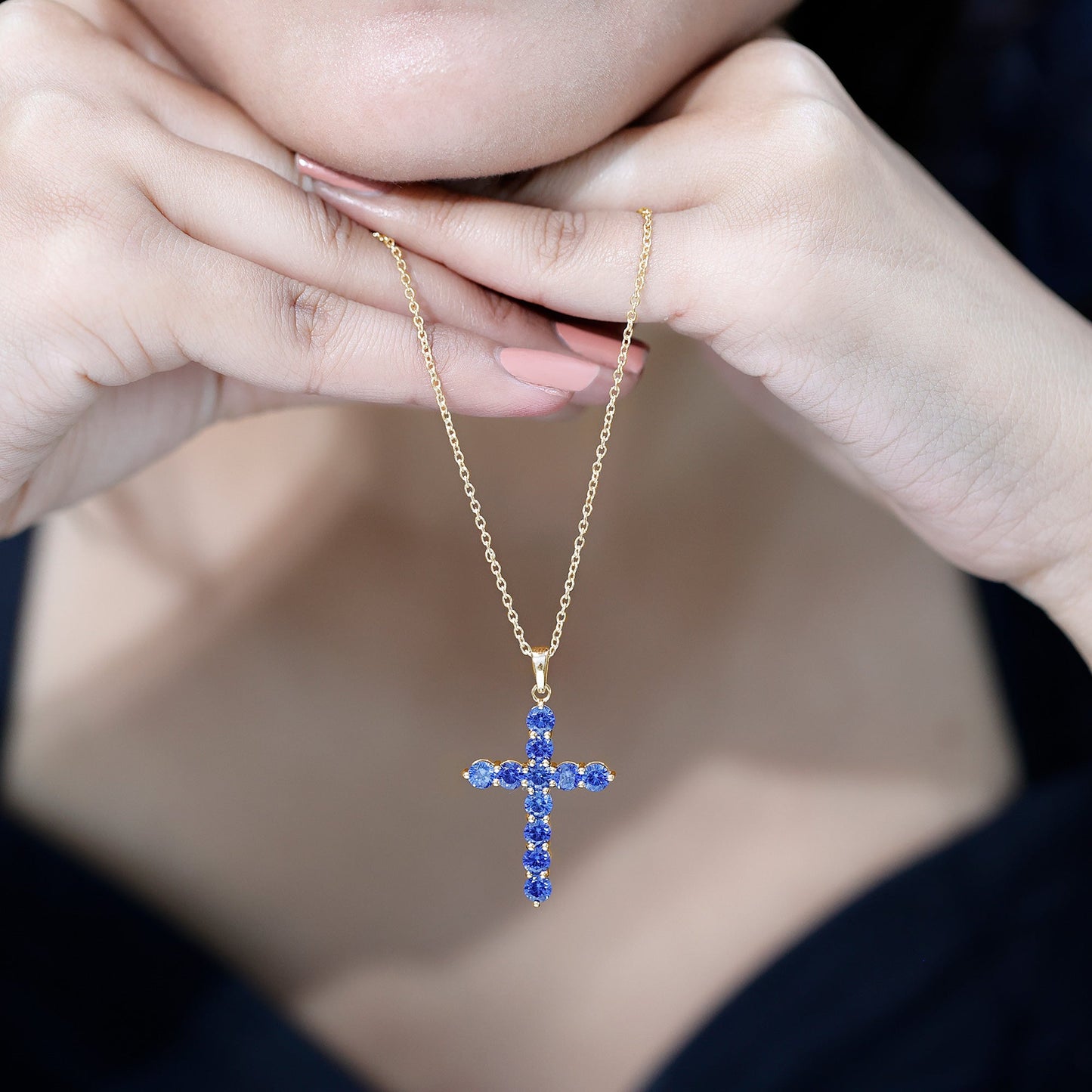 Simple Created Blue Sapphire Cross Pendant Necklace