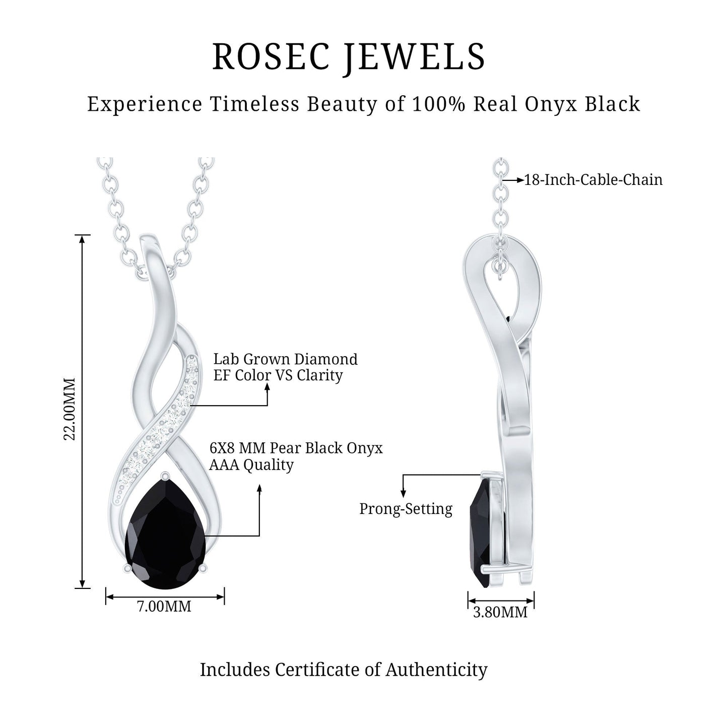 1 Carat Pear Shape Black Onyx Infinity Necklace with Diamonds