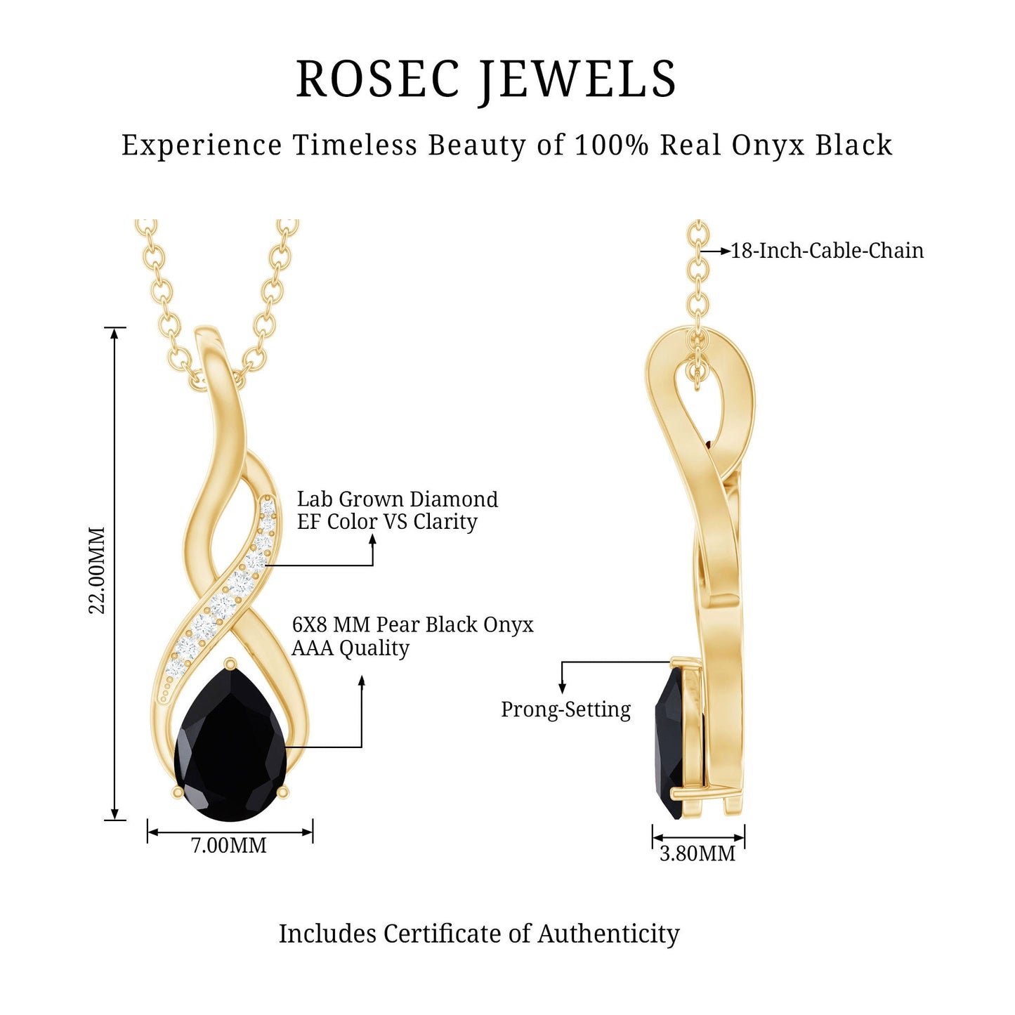 1 Carat Pear Shape Black Onyx Infinity Necklace with Diamonds