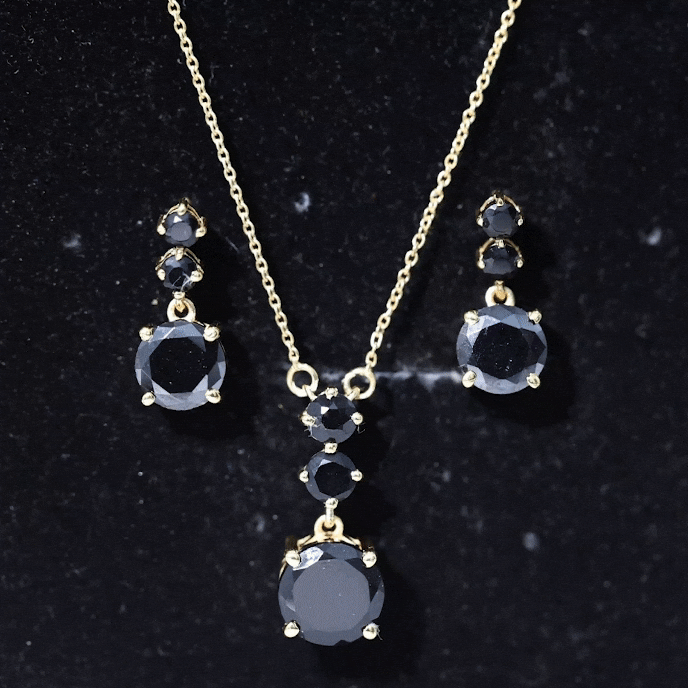 Genuine Black Onyx Three Stone Necklace With Earrings