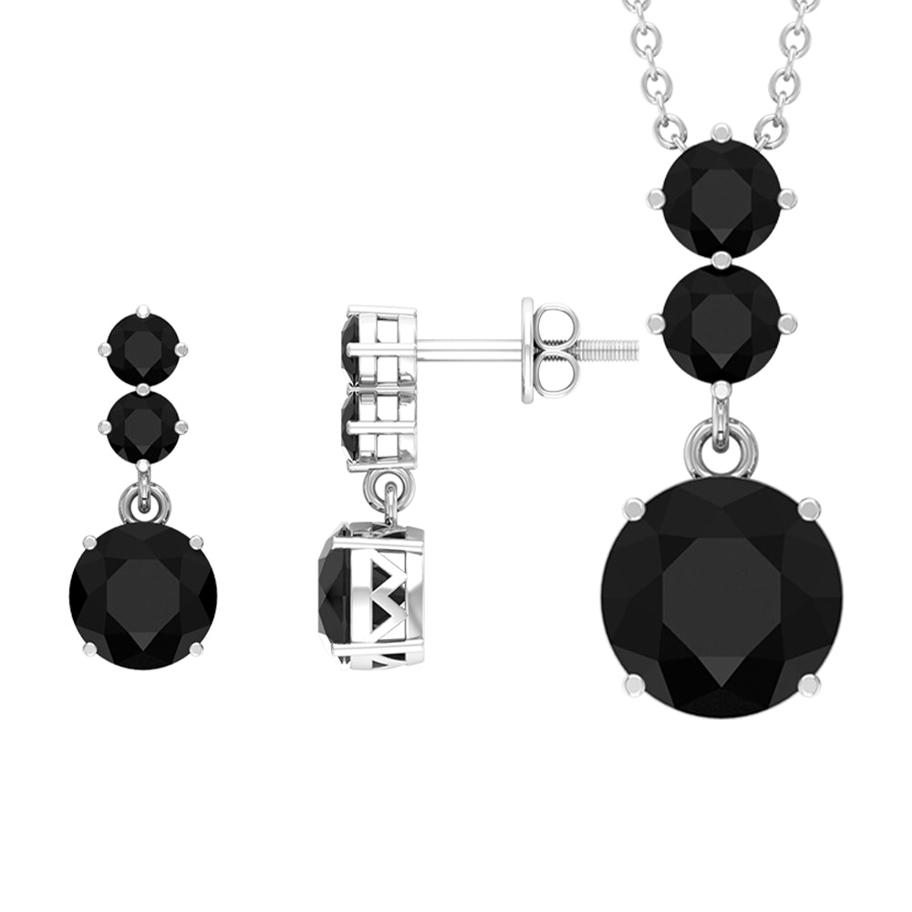 Genuine Black Onyx Three Stone Necklace With Earrings