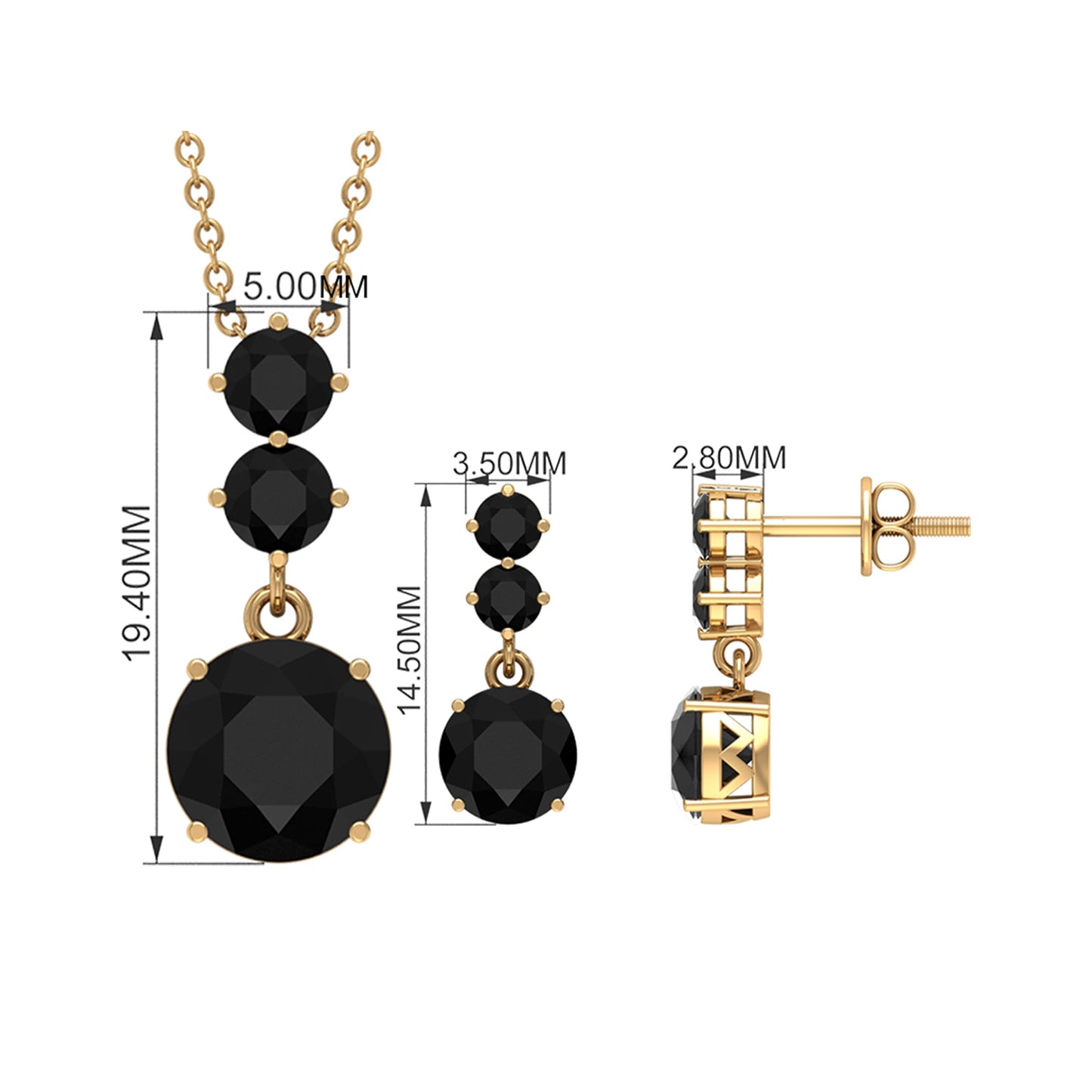 Genuine Black Onyx Three Stone Necklace With Earrings