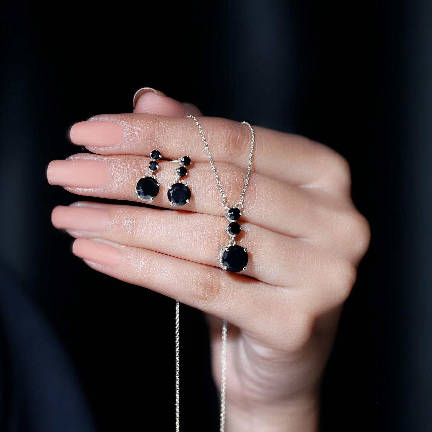 Genuine Black Onyx Three Stone Necklace With Earrings