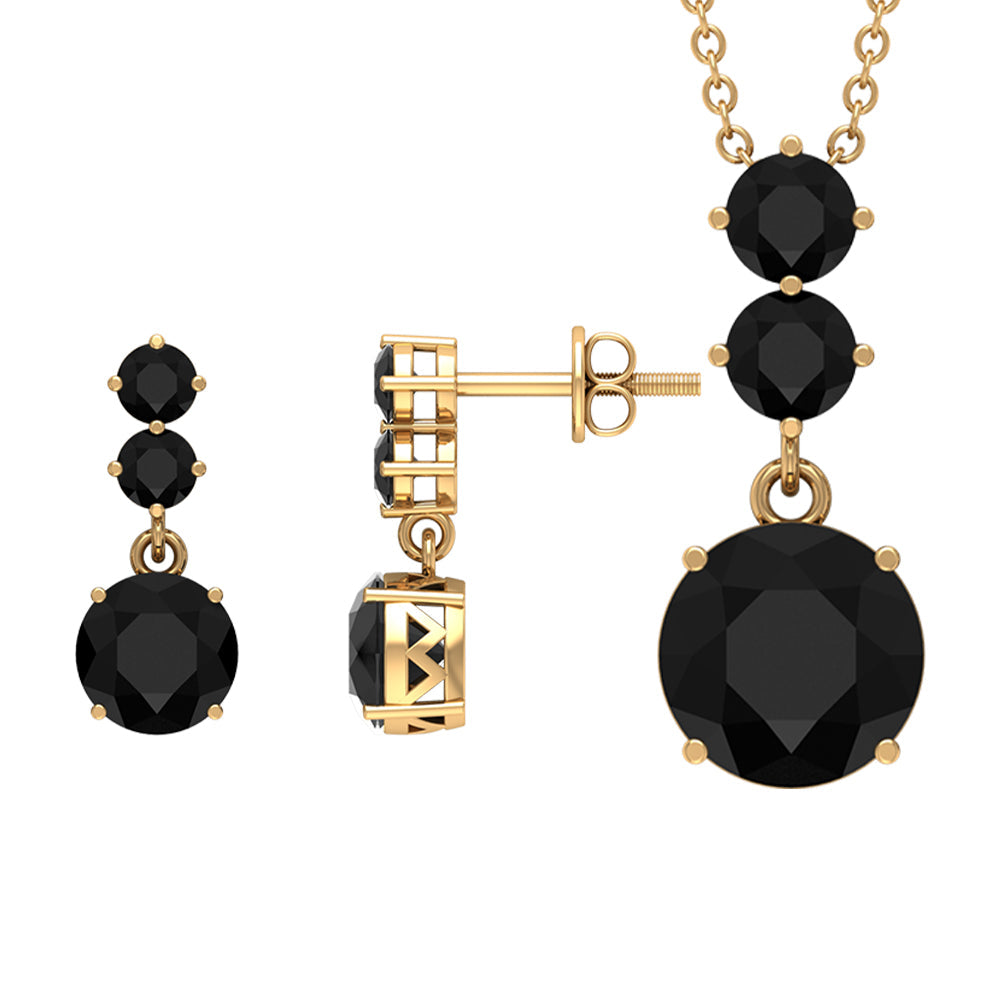 Genuine Black Onyx Three Stone Necklace With Earrings