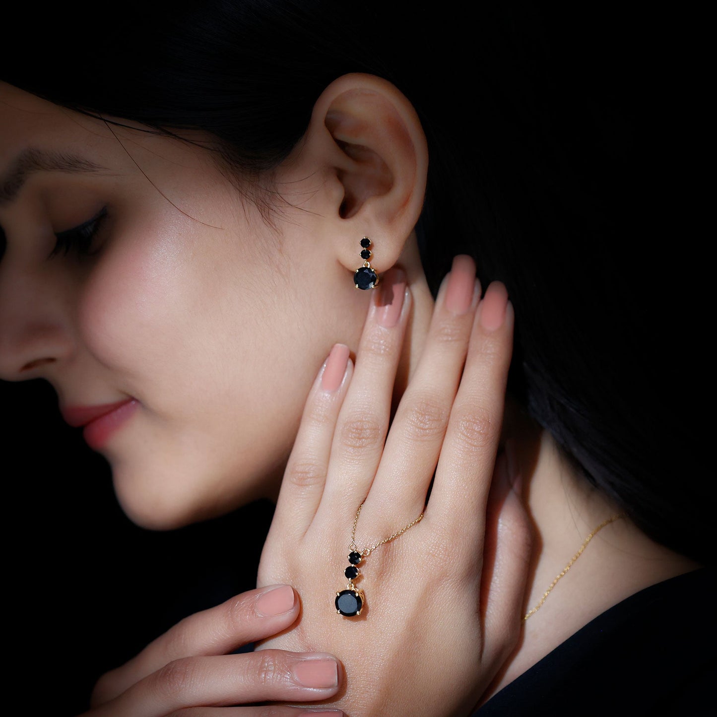 Genuine Black Onyx Three Stone Necklace With Earrings