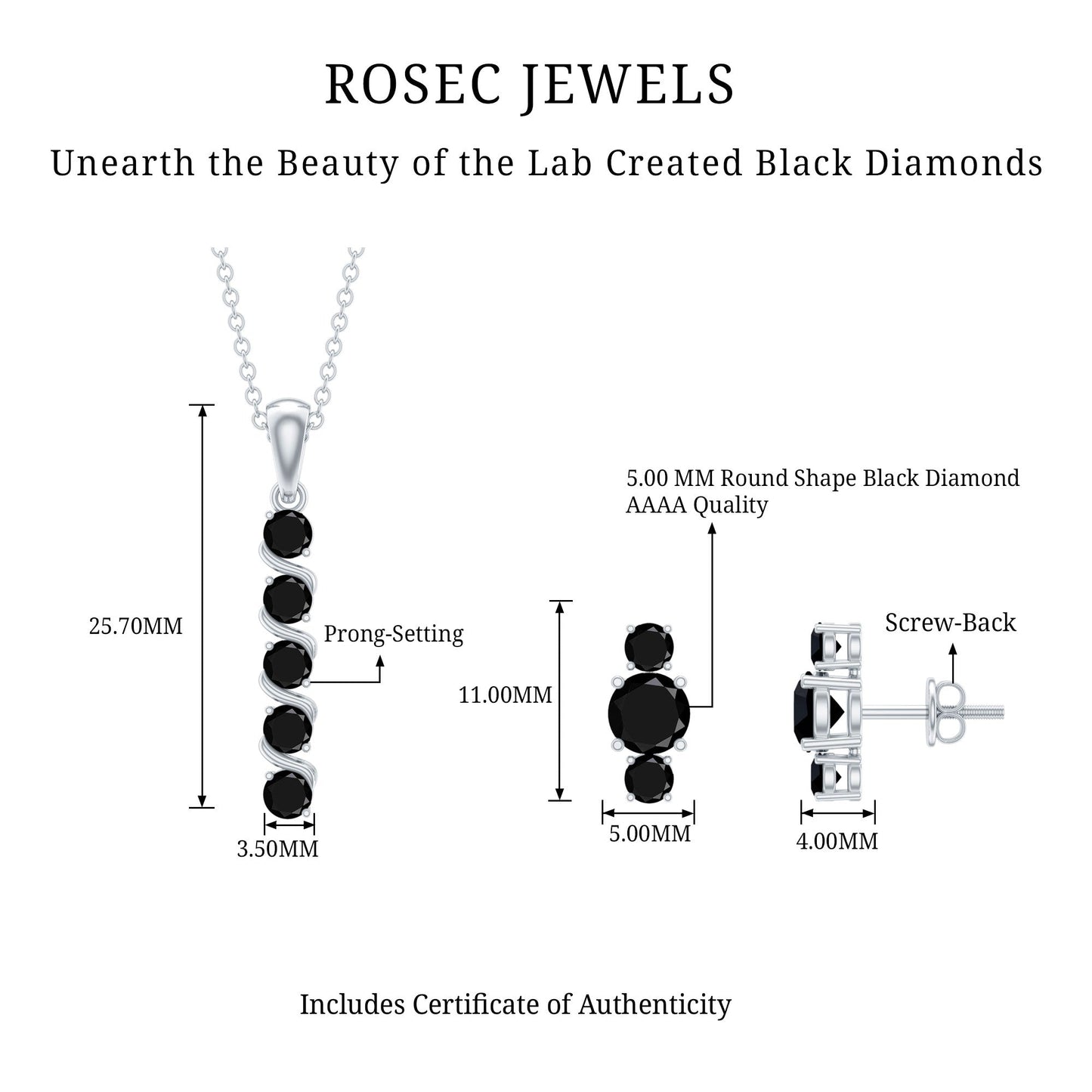 Lab Grown Black Diamond Bar Necklace and Earrings Set