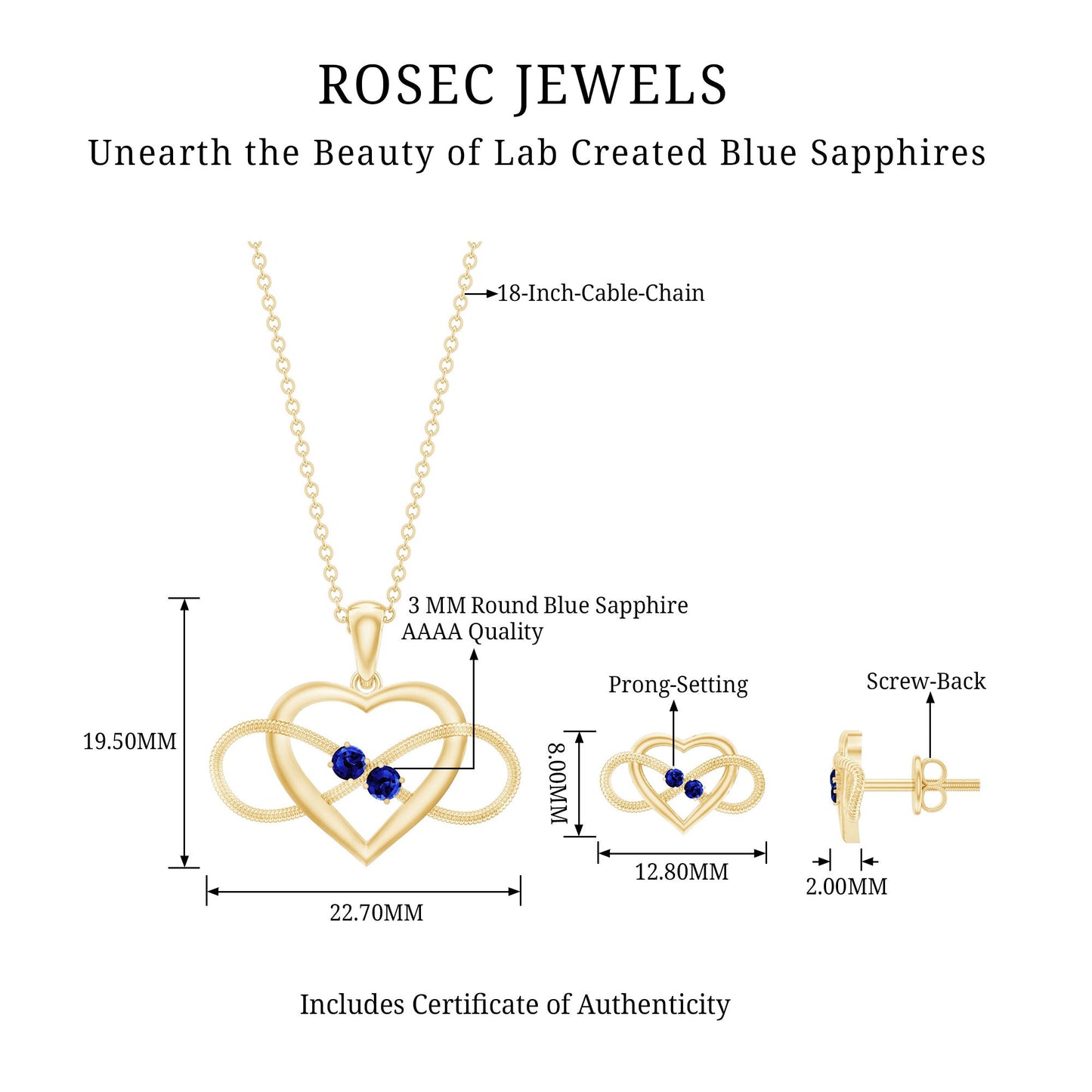 Lab Grown Blue Sapphire Infinity Heart Jewelry Set