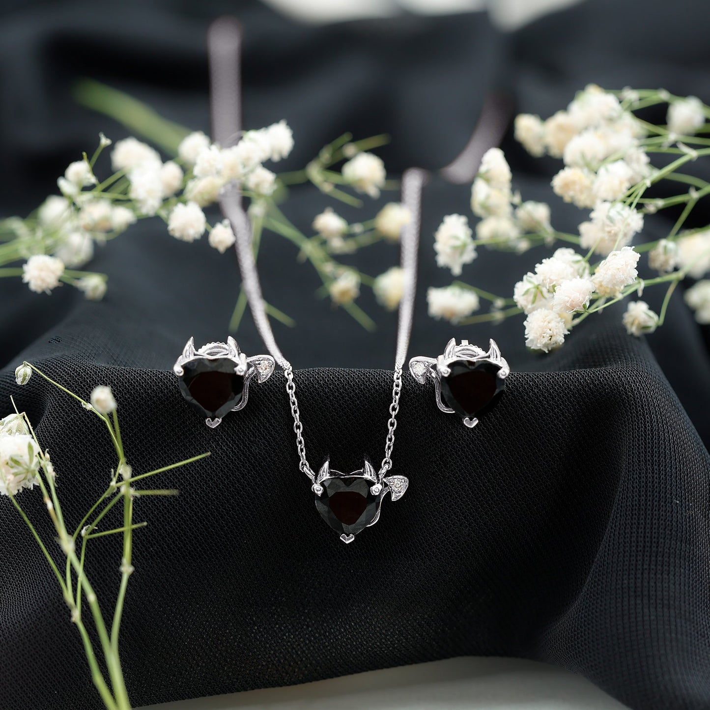 Heart Shape Lab Grown Black and White Diamond Devil Jewelry Set