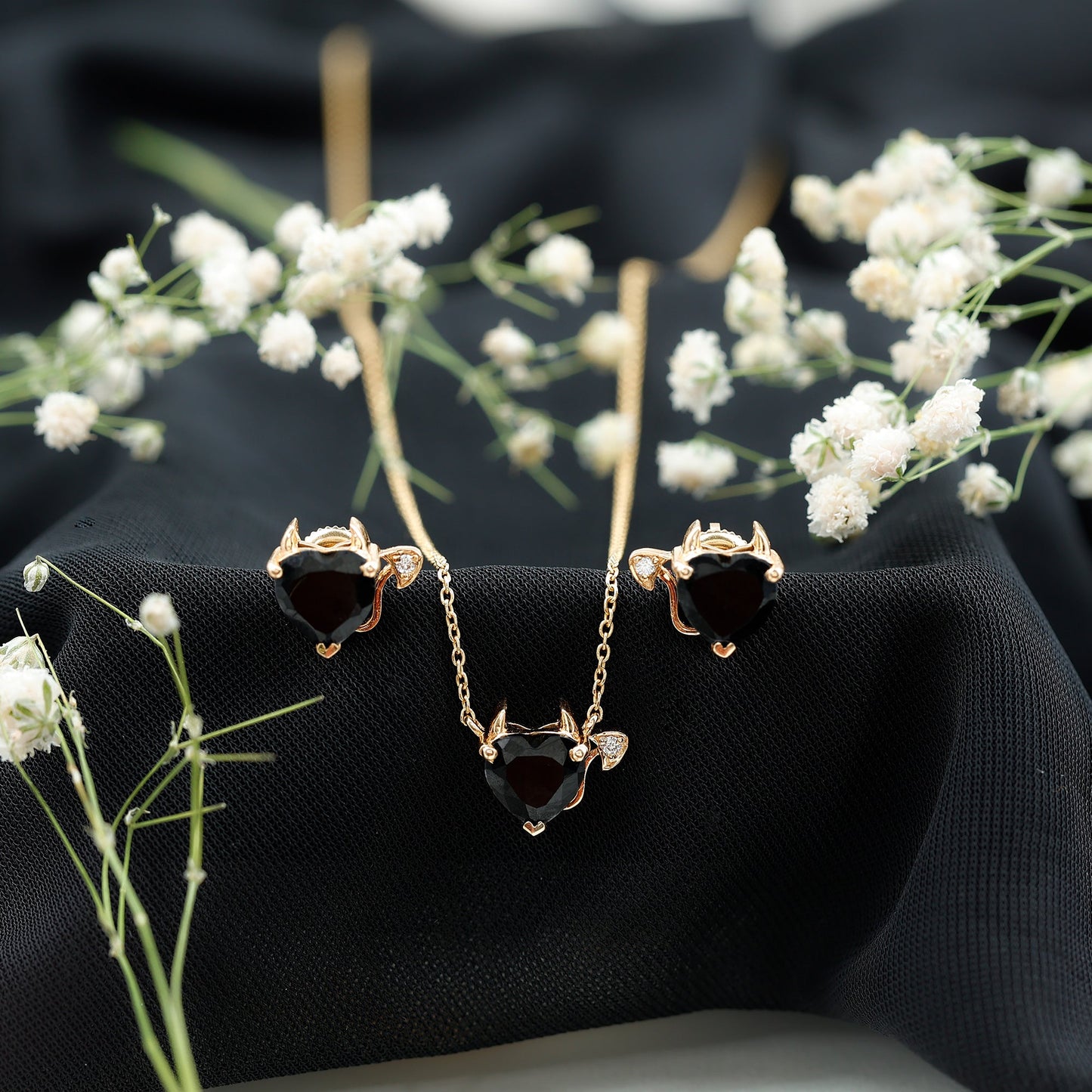 Heart Shape Lab Grown Black and White Diamond Devil Jewelry Set