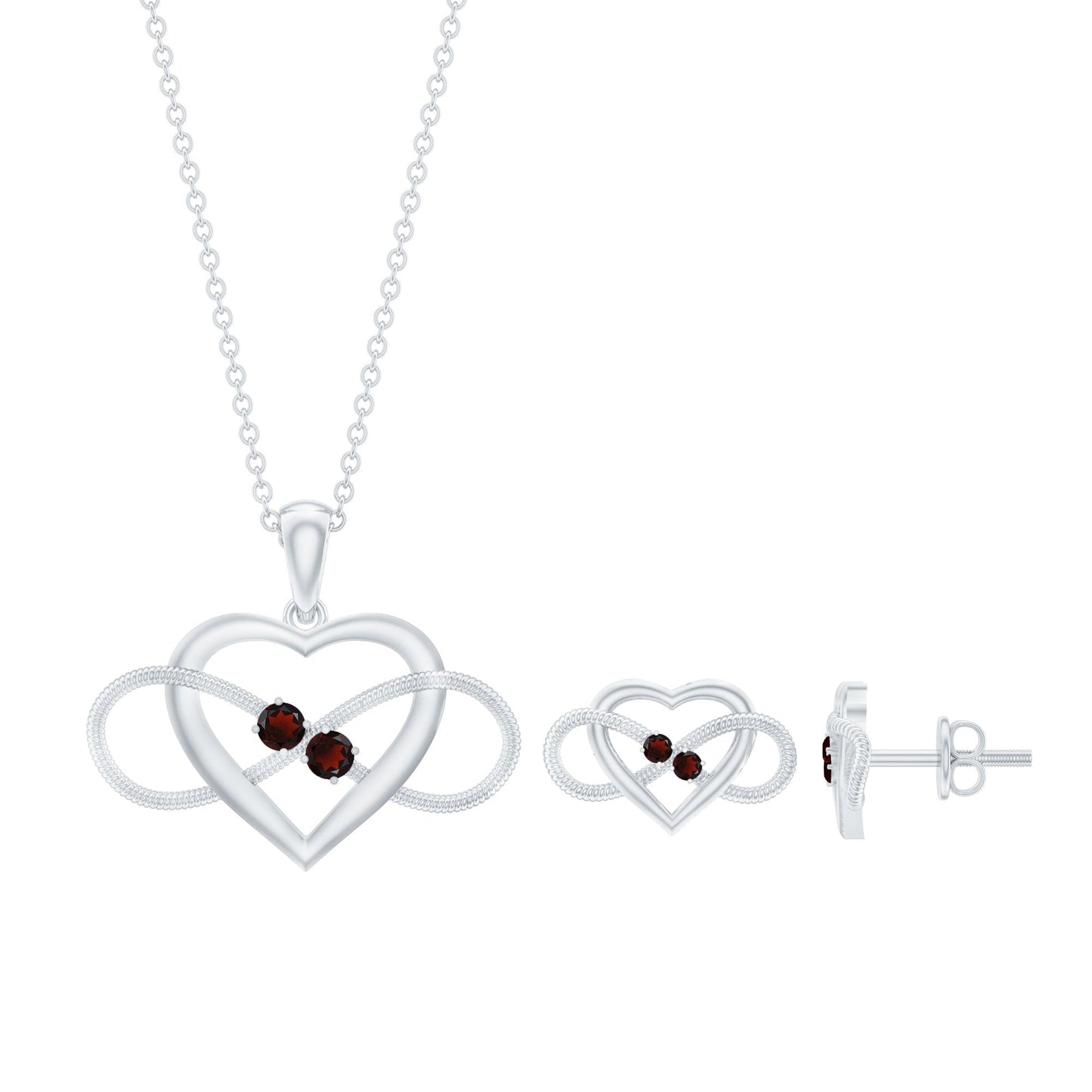 Natural Garnet Heart Infinity Necklace and Earrings Set