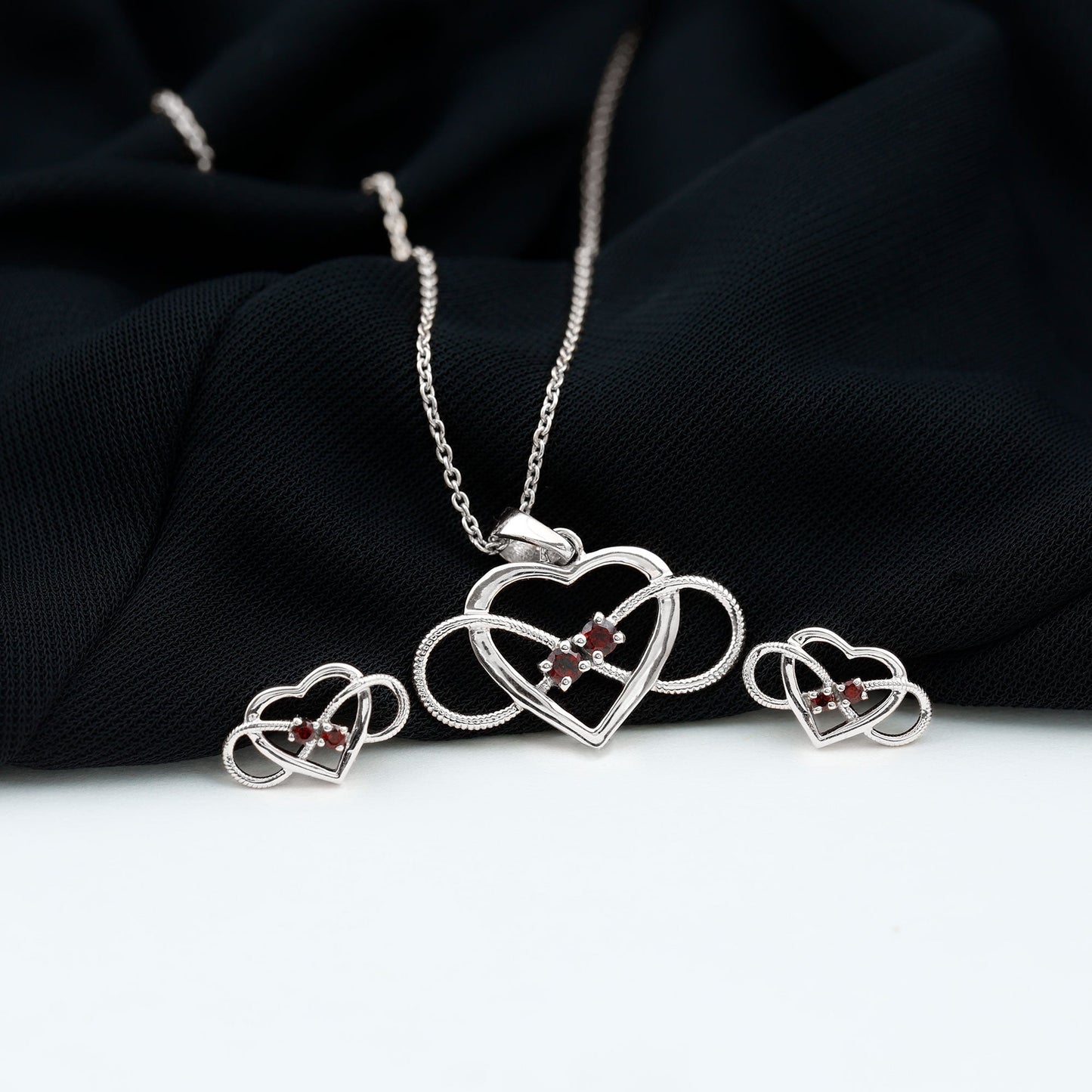 Natural Garnet Heart Infinity Necklace and Earrings Set