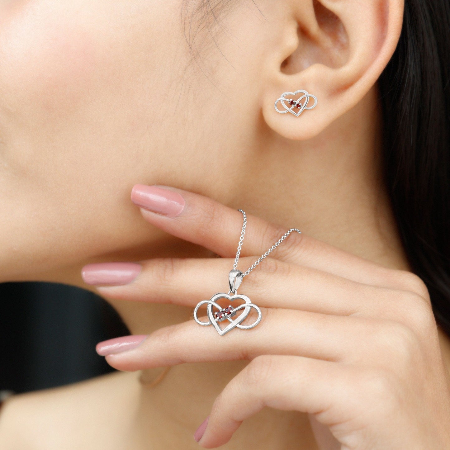Natural Garnet Heart Infinity Necklace and Earrings Set
