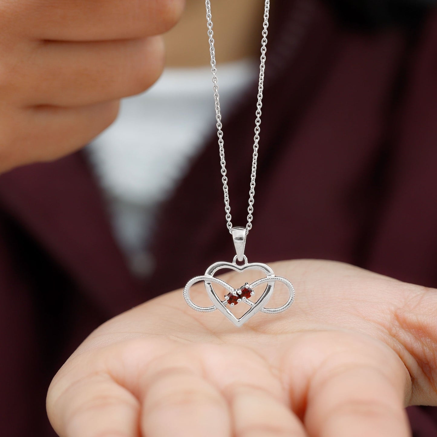 Natural Garnet Heart Infinity Necklace and Earrings Set