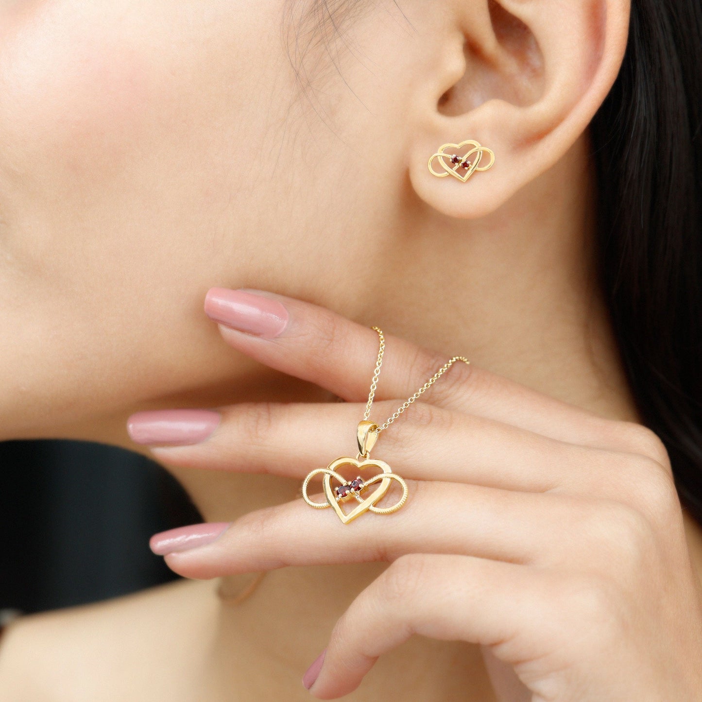 Natural Garnet Heart Infinity Necklace and Earrings Set