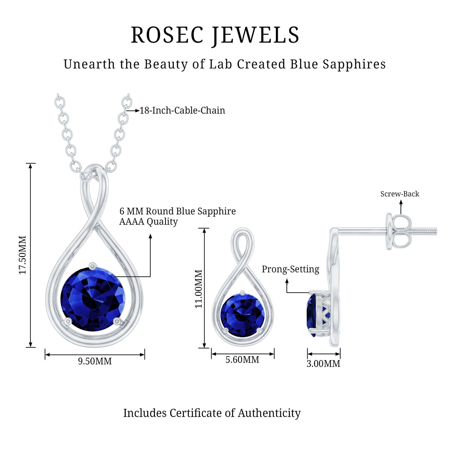 Lab Created Blue Sapphire Infinity Necklace and Earrings Set