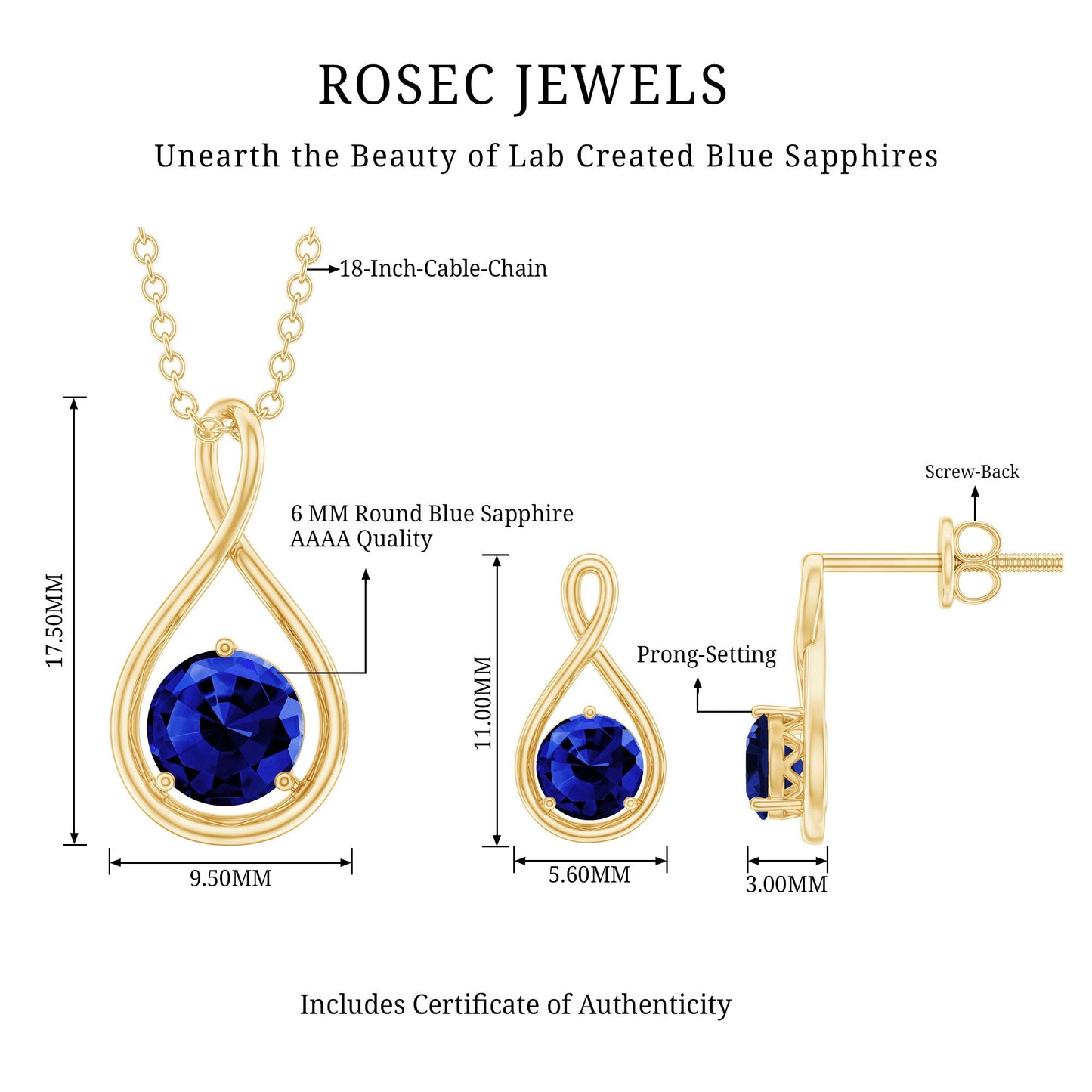 Lab Created Blue Sapphire Infinity Necklace and Earrings Set