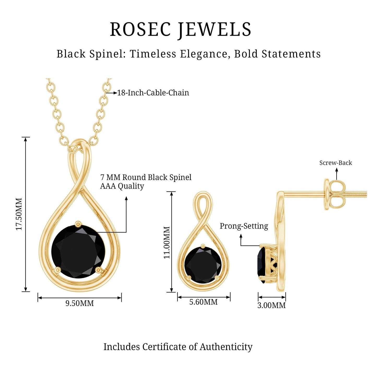 Natural Black Spinel Infinity Pendant and Earrings Set