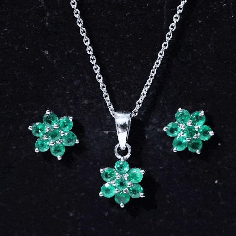 Genuine Round Cut Emerald Flower Necklace and Earrings Set