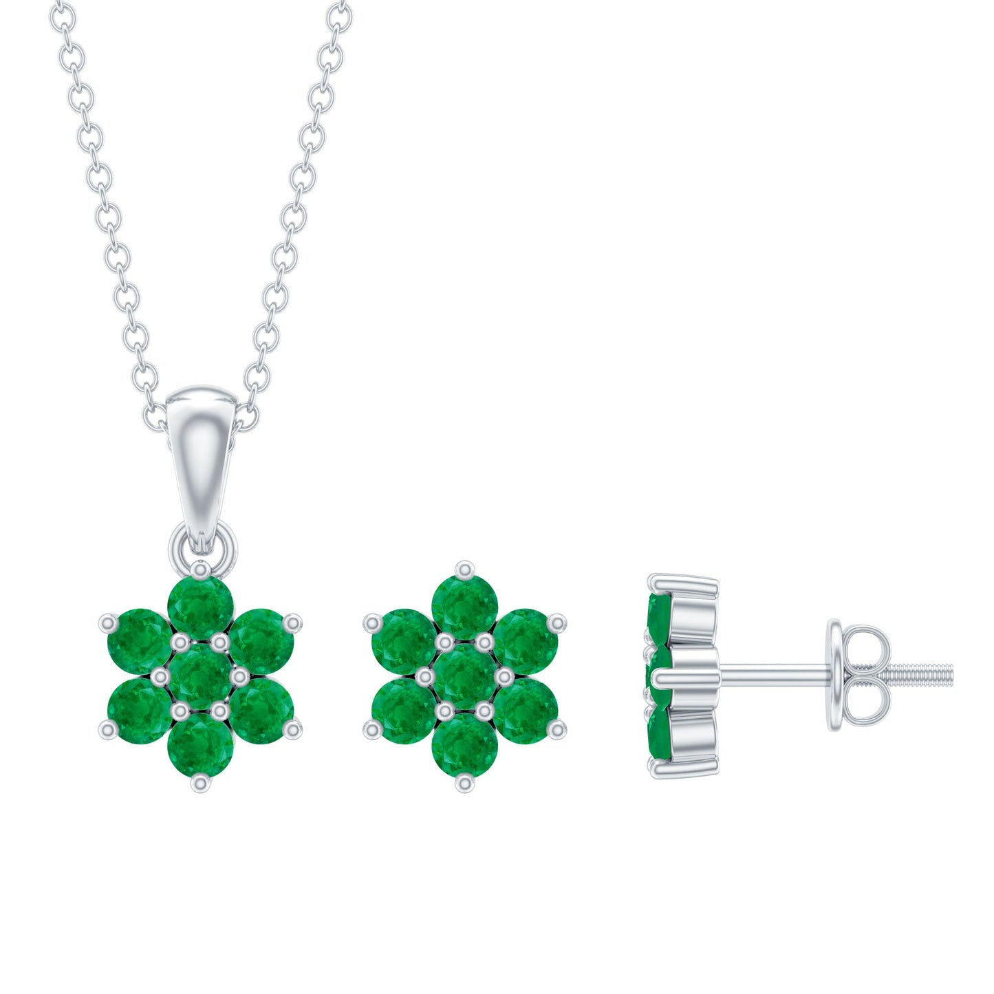 Genuine Round Cut Emerald Flower Necklace and Earrings Set
