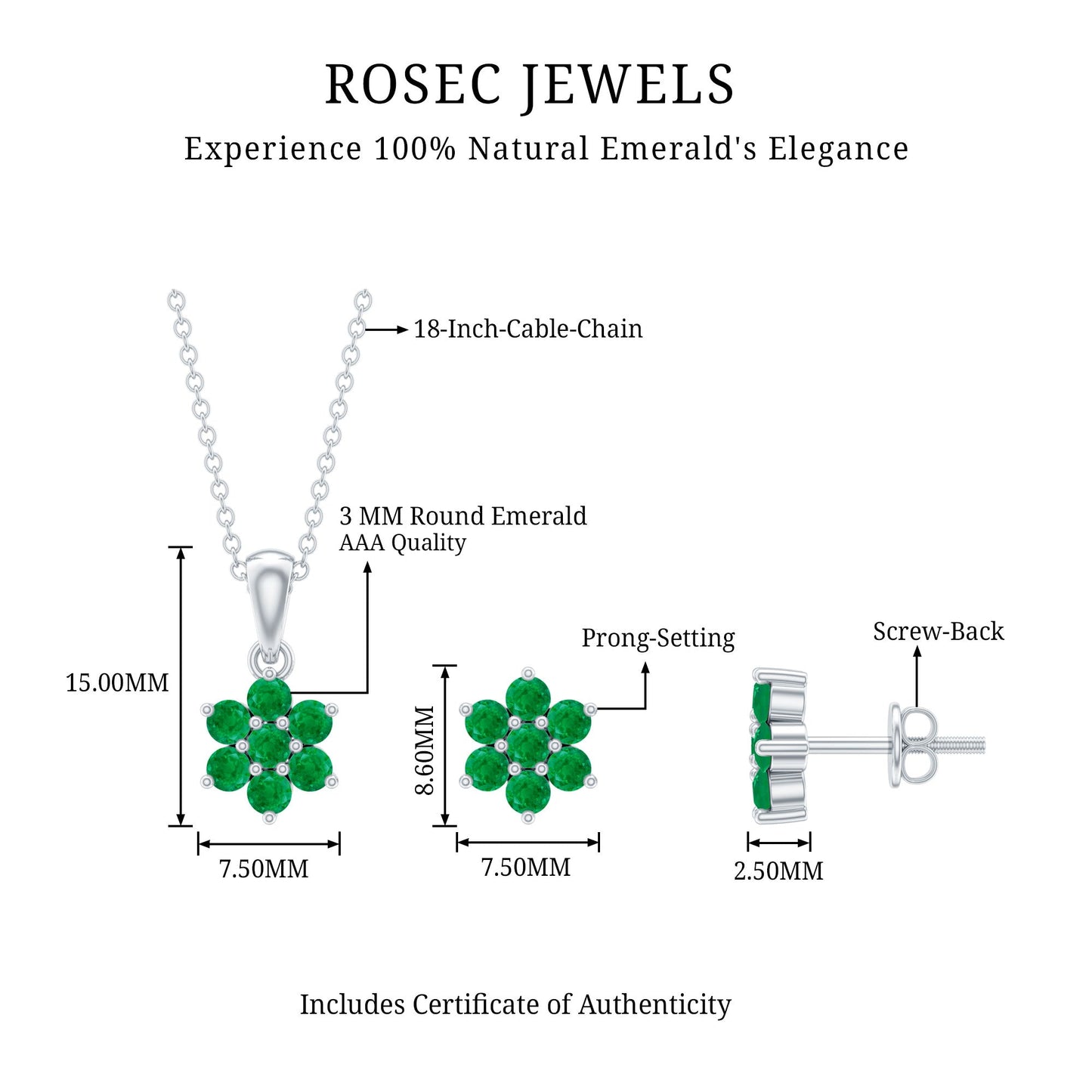 Genuine Round Cut Emerald Flower Necklace and Earrings Set