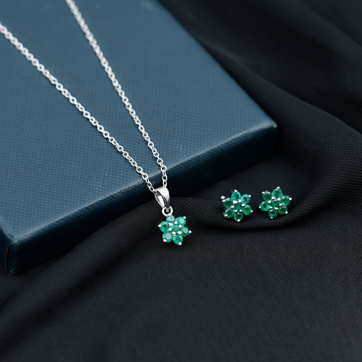 Genuine Round Cut Emerald Flower Necklace and Earrings Set