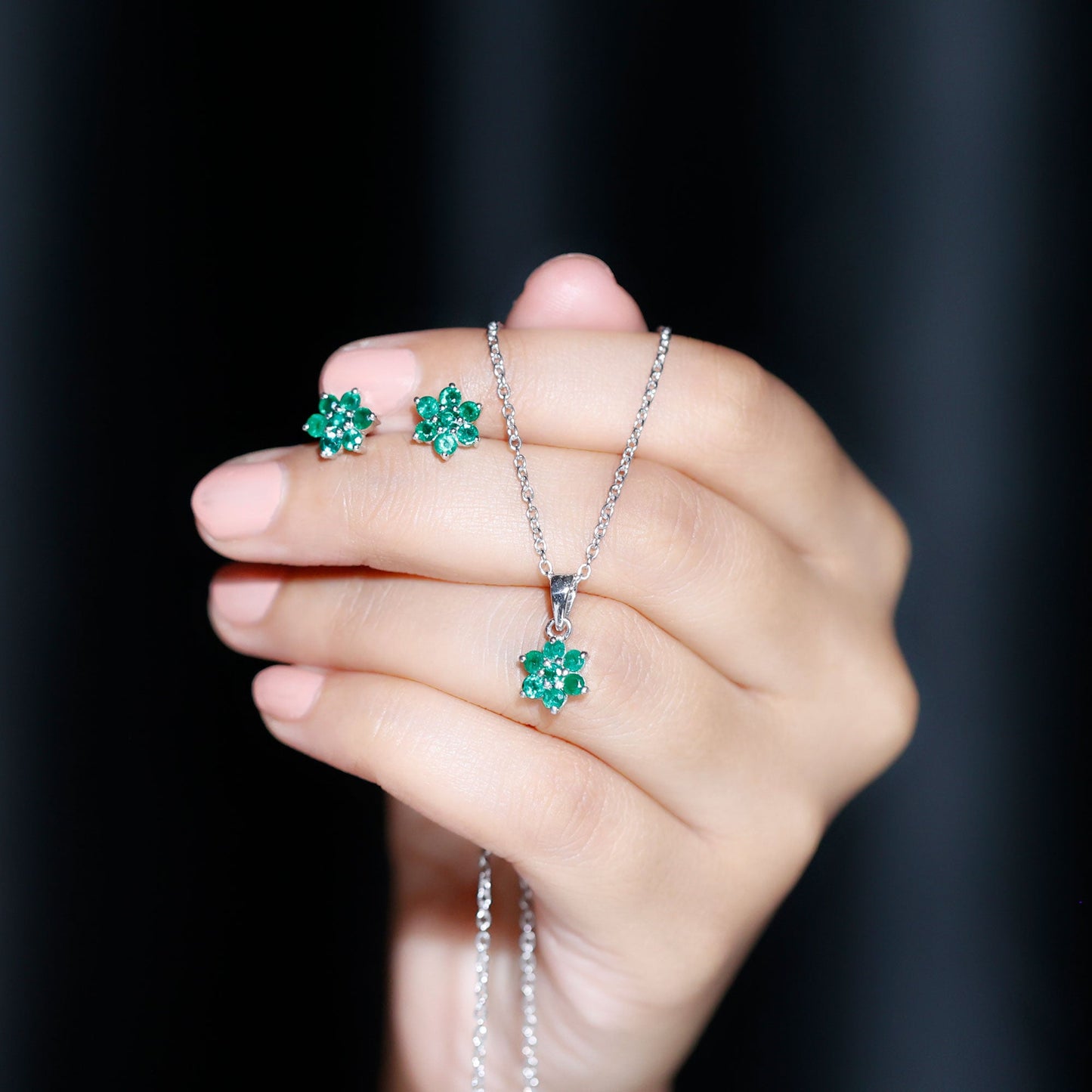 Genuine Round Cut Emerald Flower Necklace and Earrings Set