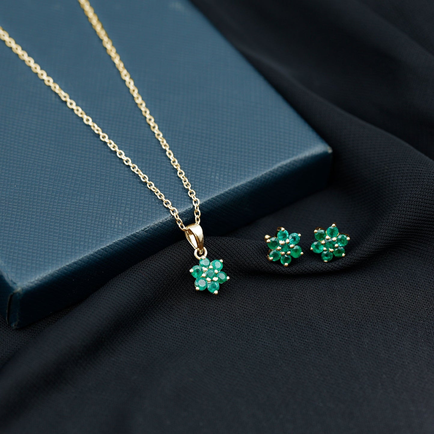 Genuine Round Cut Emerald Flower Necklace and Earrings Set