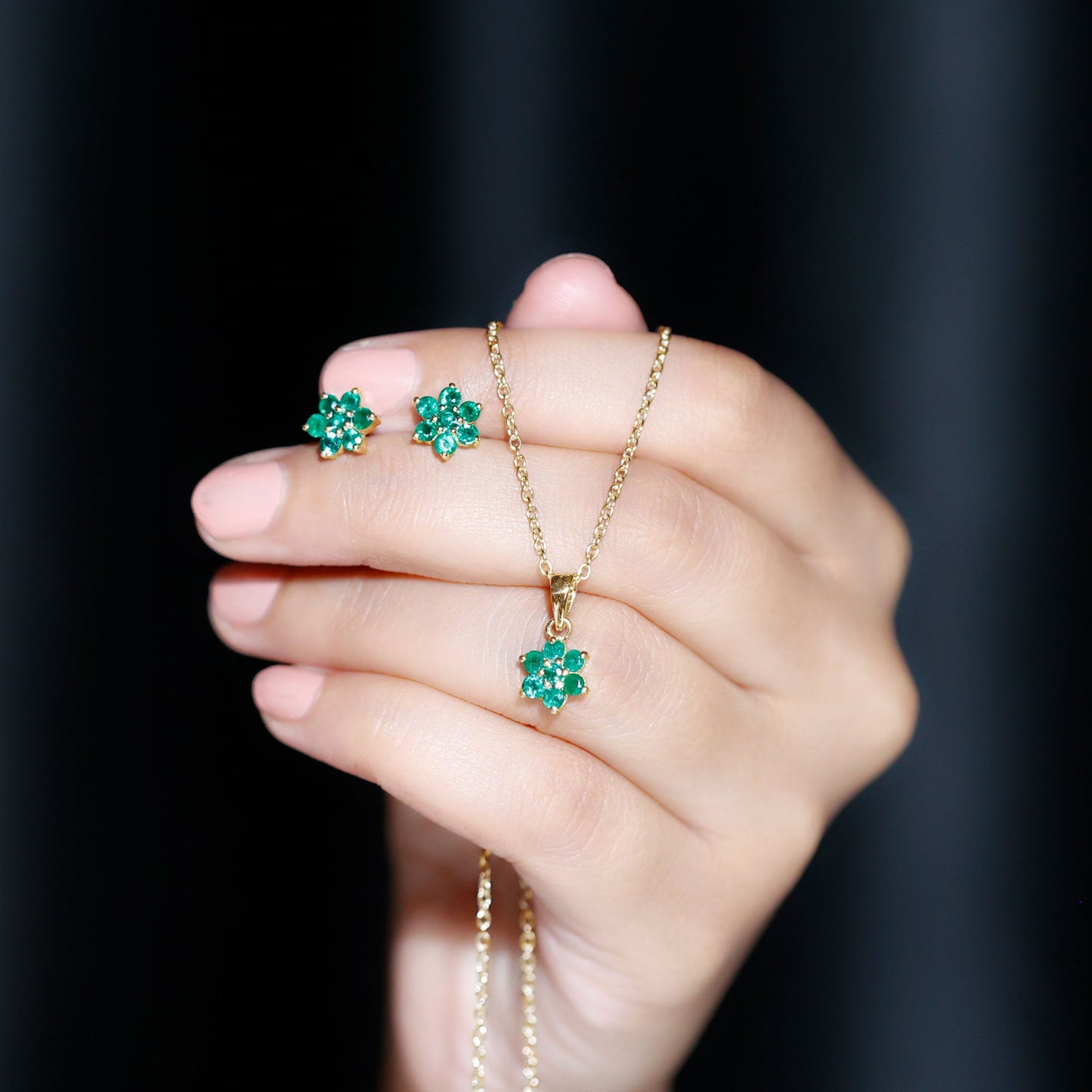 Genuine Round Cut Emerald Flower Necklace and Earrings Set