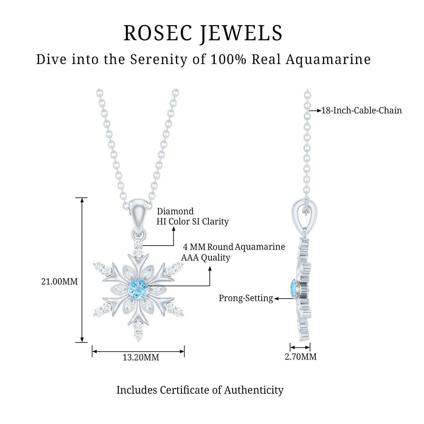 Aquamarine and Diamond Designer Snowflake Necklace With Chain
